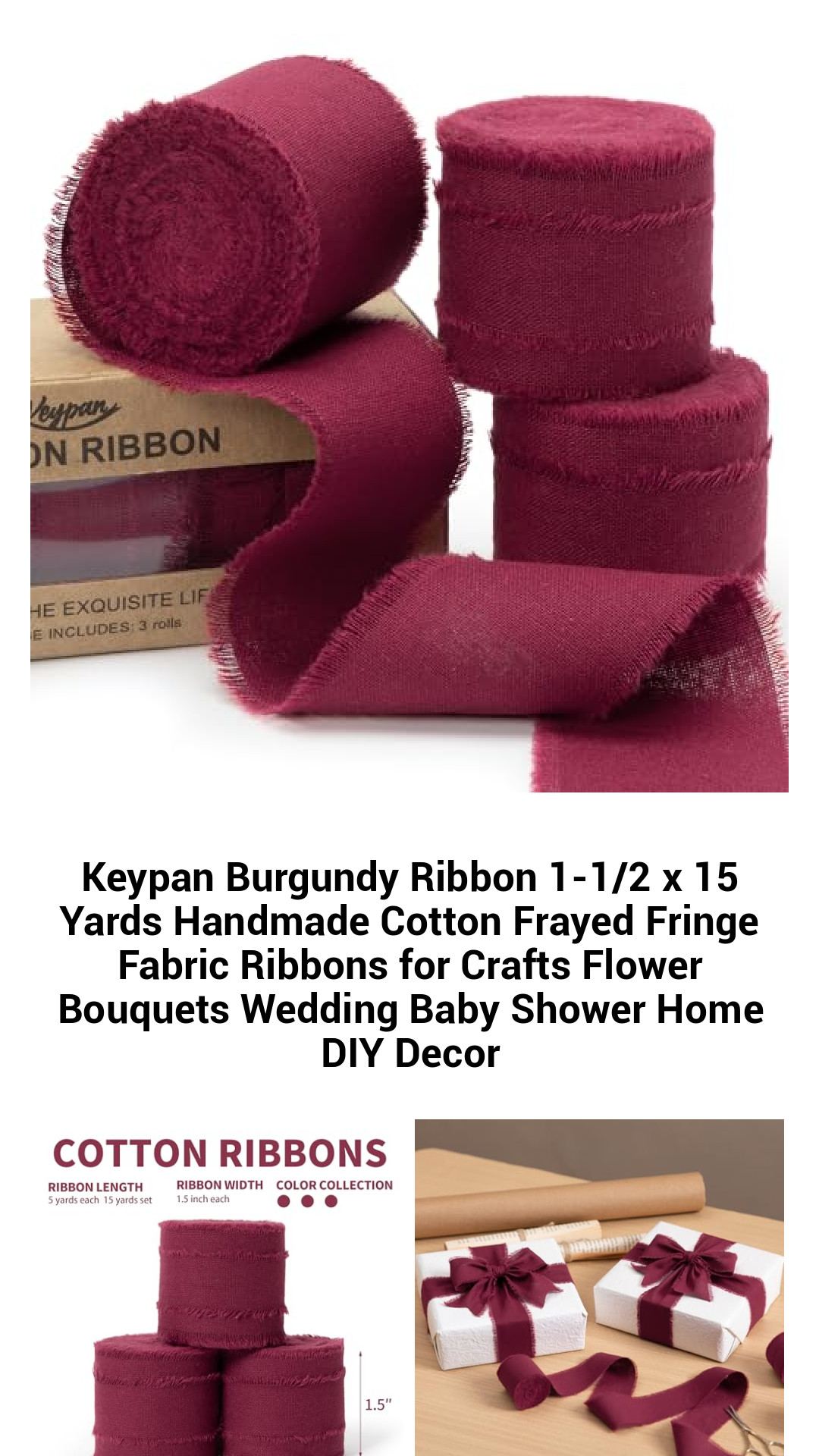 Luxurious Burgundy Frayed Cotton Ribbon - 1.5 Inch x 15 Yards for Crafts, Weddings, and DIY Decor