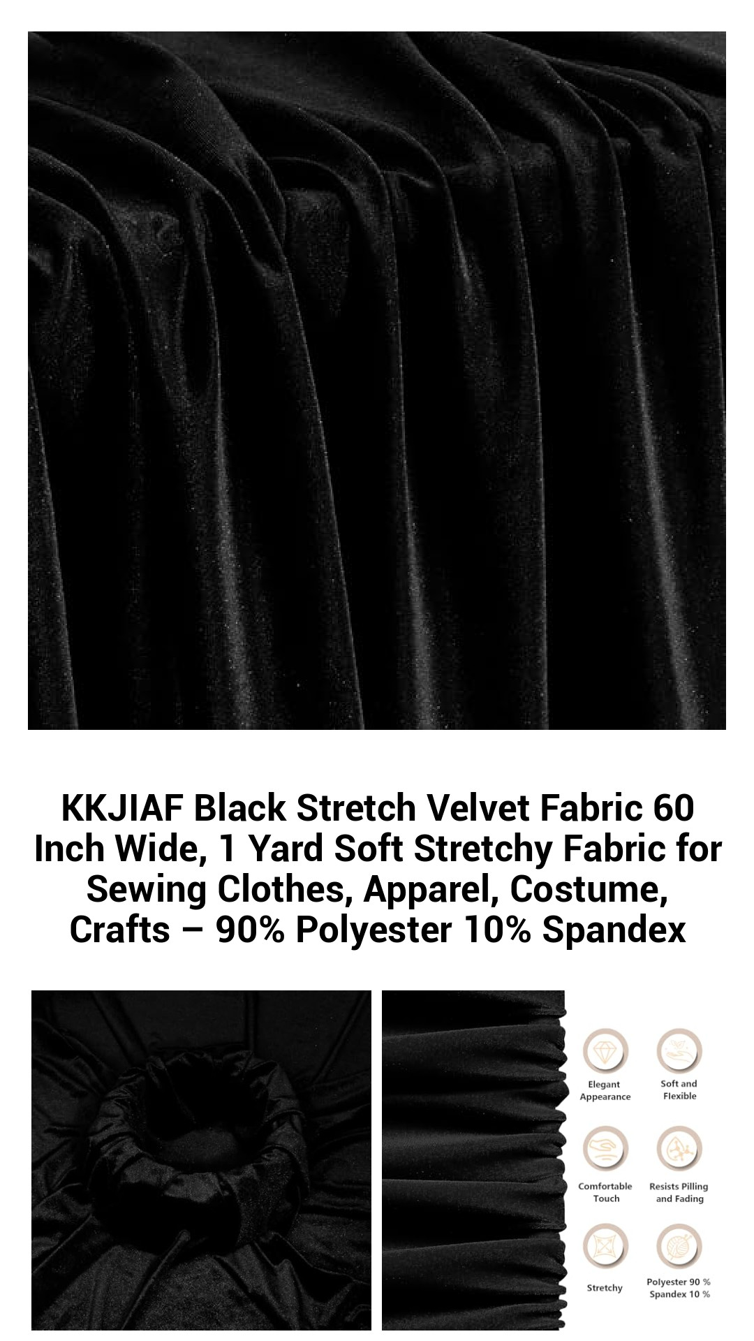 Luxurious Black Stretch Velvet Fabric – 60 Inches Wide, 1 Yard of Soft, Elastic Material for Apparel, Costumes, and Crafts, Made from 90% Polyester and 10% Spandex