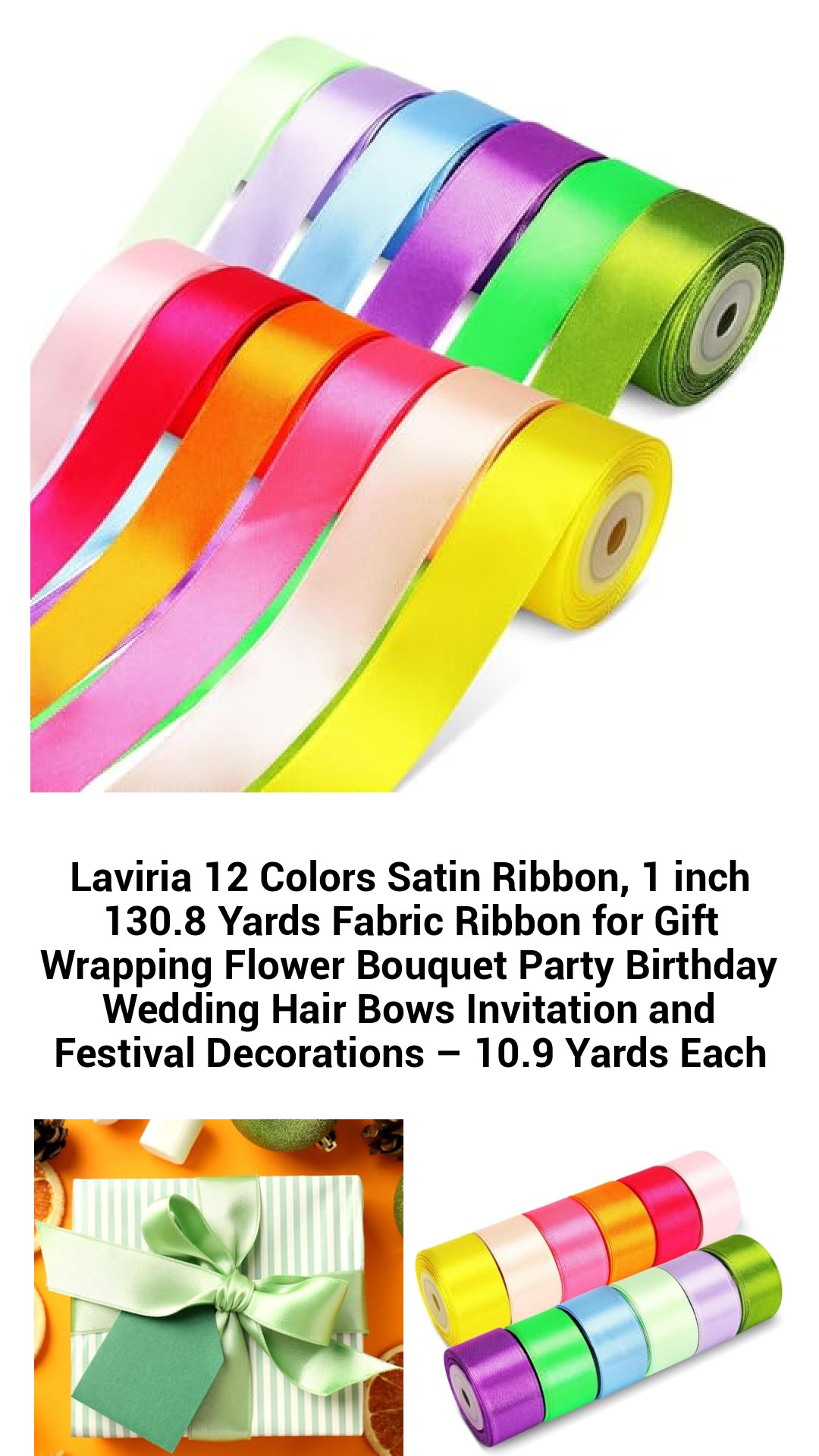 Vibrant 12-Color Satin Ribbon Set – 1-Inch Wide, 130.8 Yards of Premium Polyester Fabric for Gift Wrapping, Bouquets, Parties, Weddings, and Creative DIY Projects