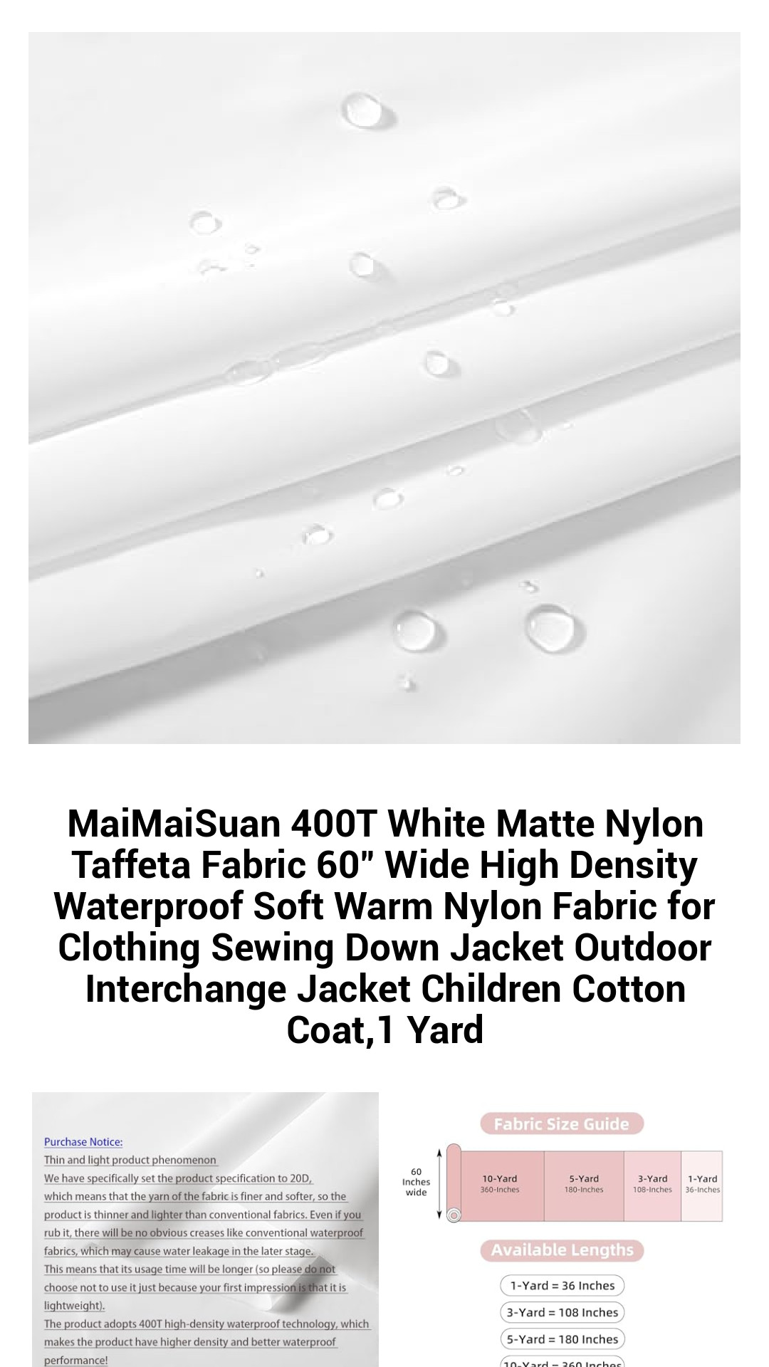 MaiMaiSuan 400T White Matte Nylon Taffeta Fabric 60" Wide High Density Waterproof Soft Warm Nylon Fabric for Clothing Sewing Down Jacket Outdoor Interchange Jacket Children Cotton Coat,1 Yard MaiMaiSuan 400T White Matte Nylon Taffeta Fabric 60" Wide High Density Waterproof Soft Warm Nylon Fabric for Clothing Sewing Down Jacket Outdoor Interchange Jacket Children Cotton Coat,1 Yard