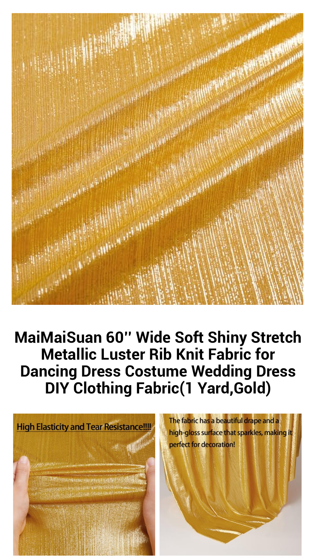 Luxurious Gold Metallic Stretch Rib Knit Fabric - 60’’ Wide for Elegant Dresses & DIY Projects (1 Yard)