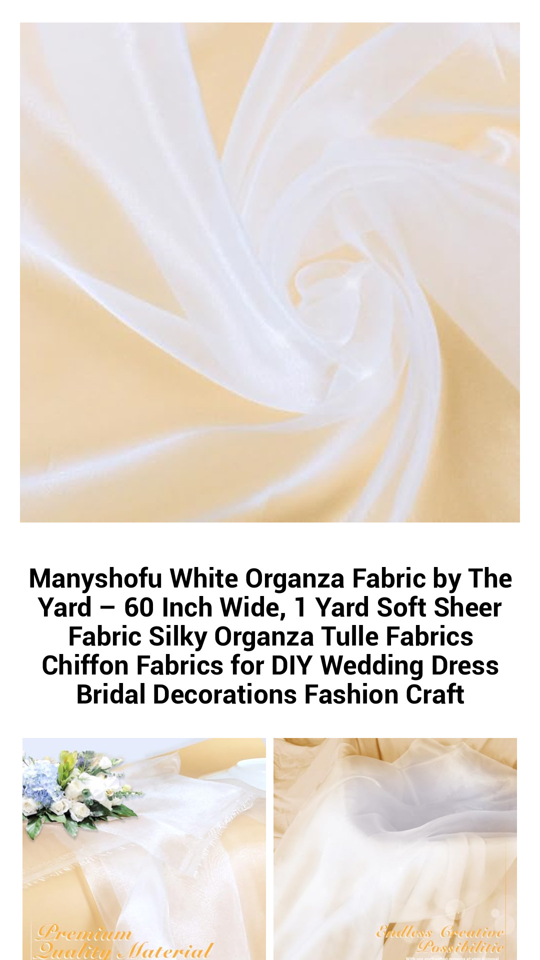 Luxurious White Organza Fabric – 60 Inch Wide, Soft Sheer Tulle by The Yard for Elegant DIY Wedding Dresses, Fashion Crafts, and Beautiful Bridal Decorations
