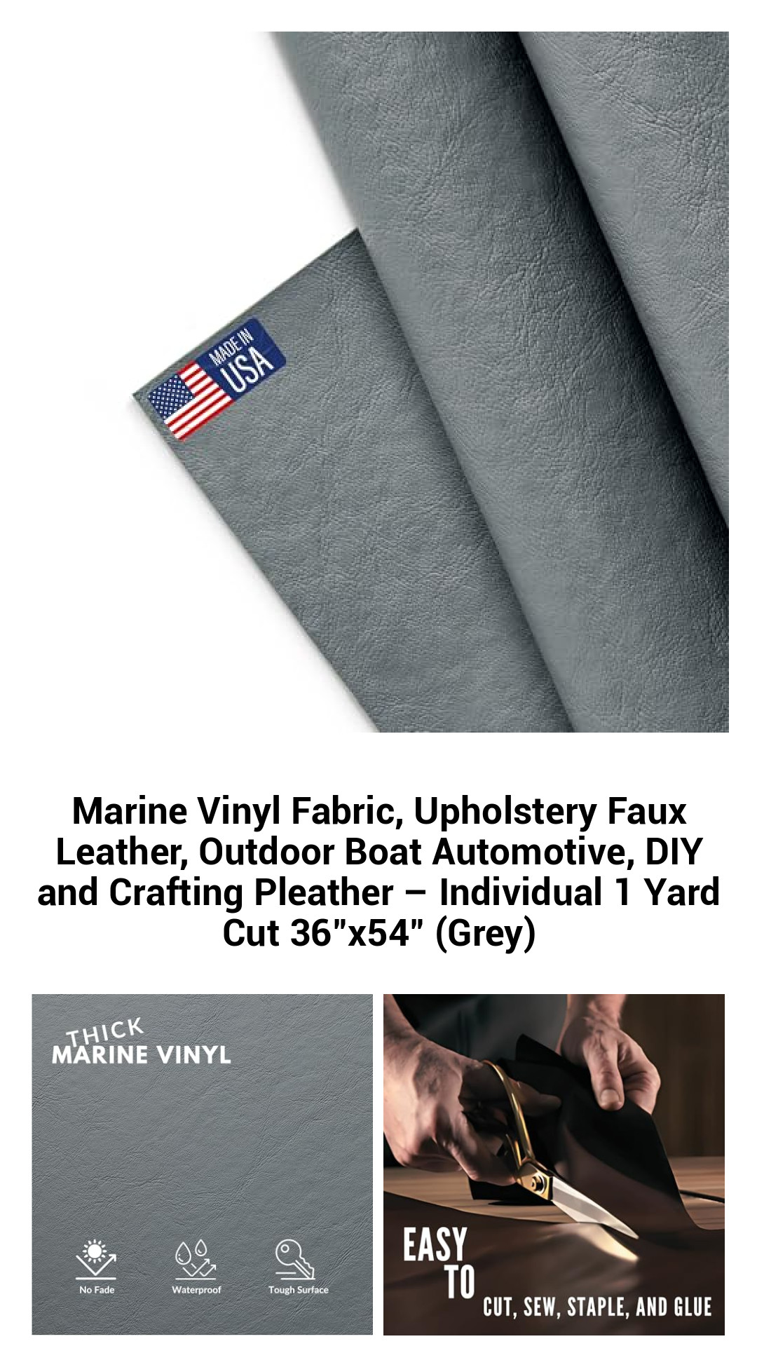 Premium Marine Vinyl Fabric for Outdoor Upholstery and Crafting – UV & Water-Resistant Faux Leather, 1 Yard Cut (36"x54", Grey)