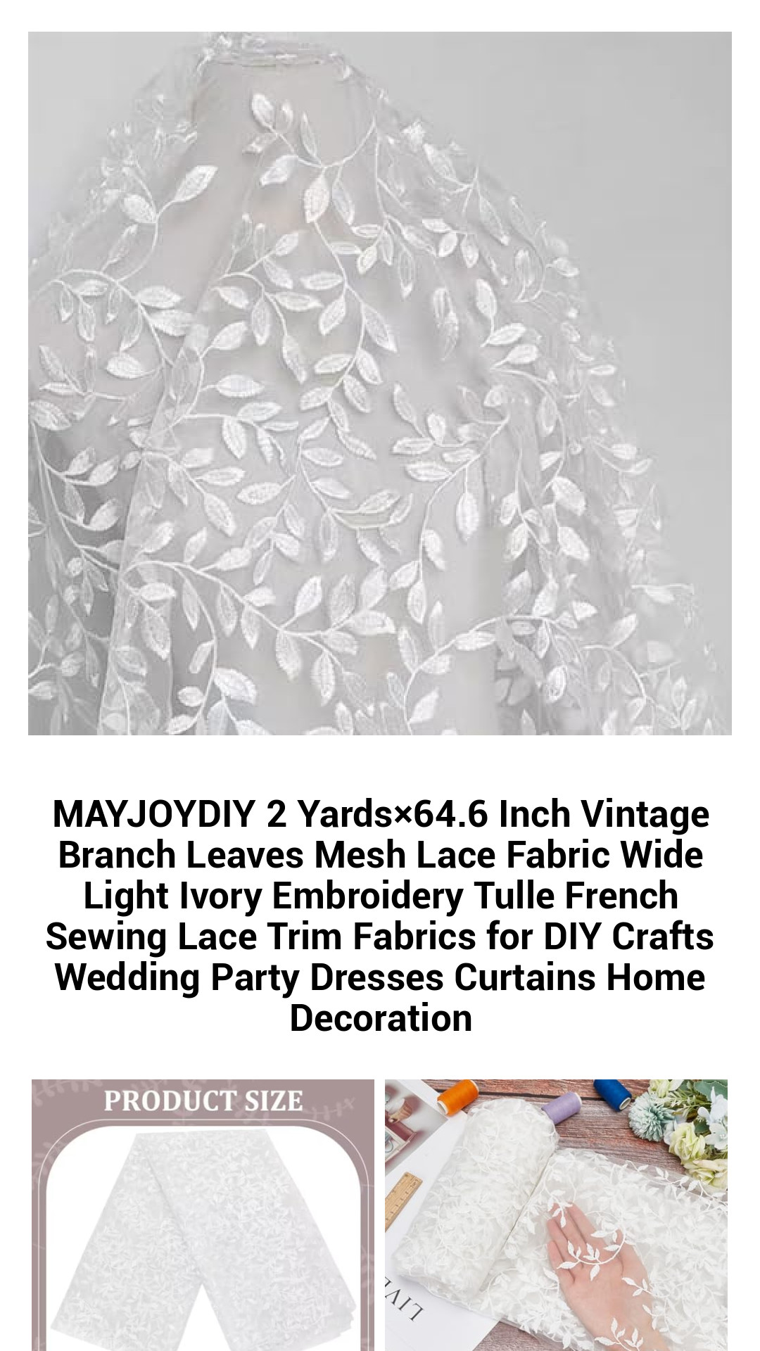 Vintage Branch Leaves Embroidery Tulle Fabric - 2 Yards of Light Ivory Lace Trim for DIY Crafts, Wedding Decor, and Home Elegance