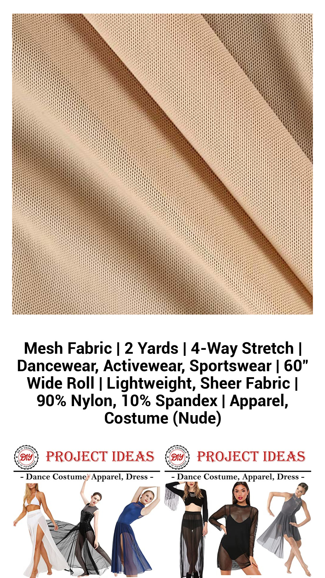 Premium 4-Way Stretch Power Mesh Fabric - Lightweight Sheer Nylon-Spandex Blend for Dancewear, Activewear, and Costume Creations - 60" Wide Roll, 2 Yards (Nude)