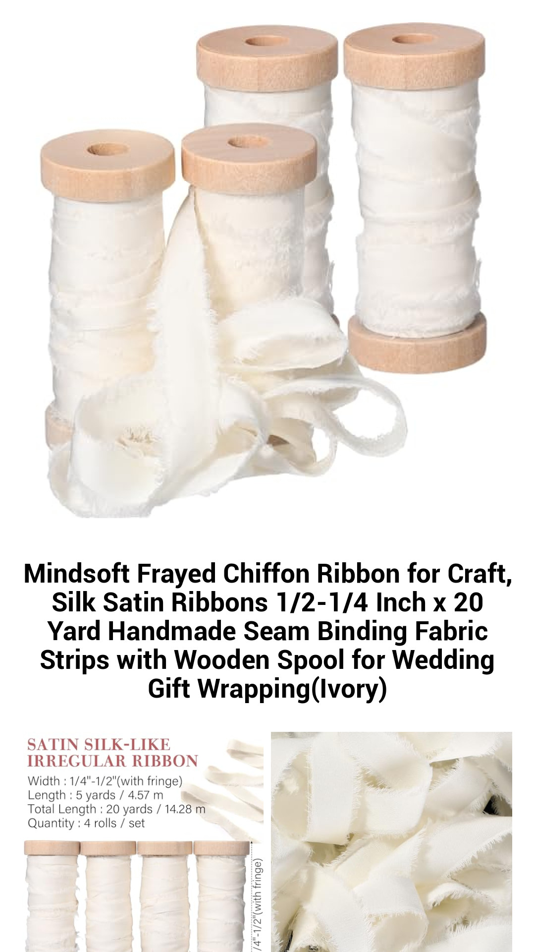Handmade Ivory Frayed Satin Ribbons - 20 Yards of Luxurious Crafting Strips on Wooden Spool for Elegant Gift Wrapping and DIY Projects