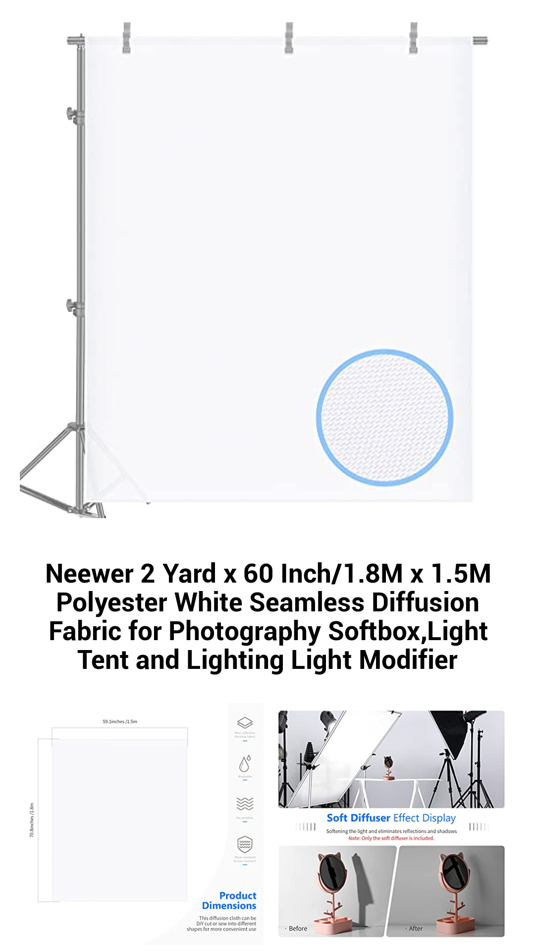 Neewer 2 Yard x 60 Inch/1.8M x 1.5M Polyester White Seamless Diffusion Fabric for Photography Softbox,Light Tent and Lighting Light Modifier Neewer 2 Yard x 60 Inch/1.8M x 1.5M Polyester White Seamless Diffusion Fabric for Photography Softbox,Light Tent and Lighting Light Modifier