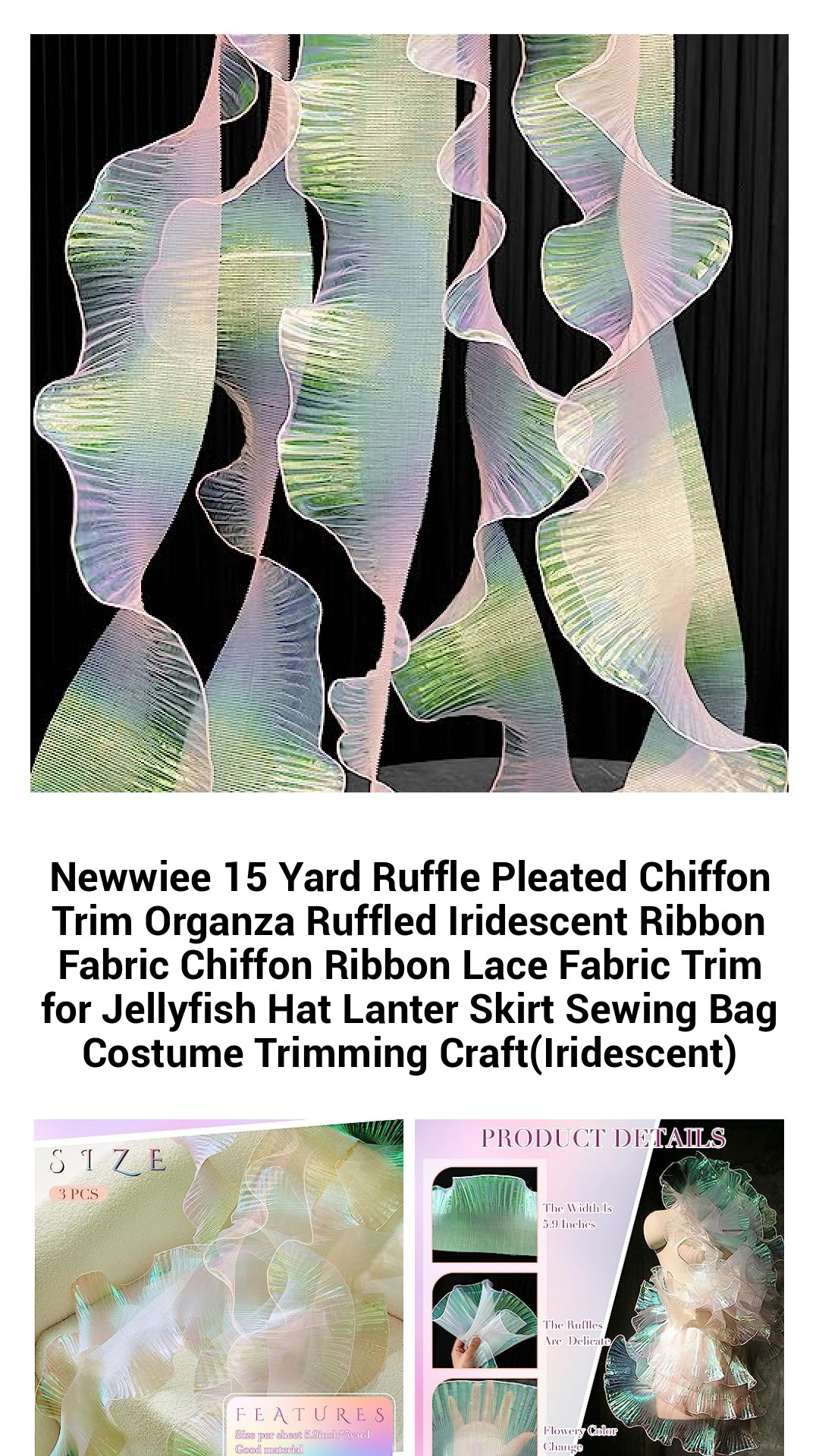 Iridescent Chiffon Ruffle Trim - 15 Yards of Pleated Organza Ribbon Fabric for DIY Costumes, Bridal Decor, and Craft Projects