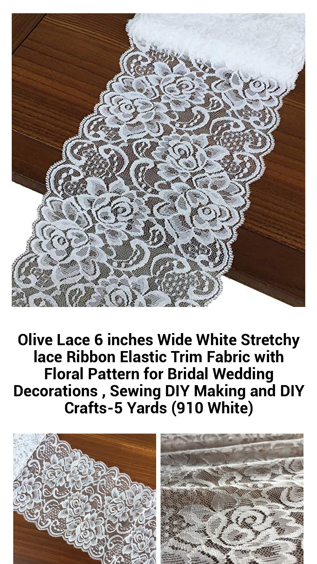 Elegant 6-Inch Wide White Stretch Floral Lace Ribbon – 5 Yards of Premium Elastic Trim for Bridal, Crafting & DIY Projects