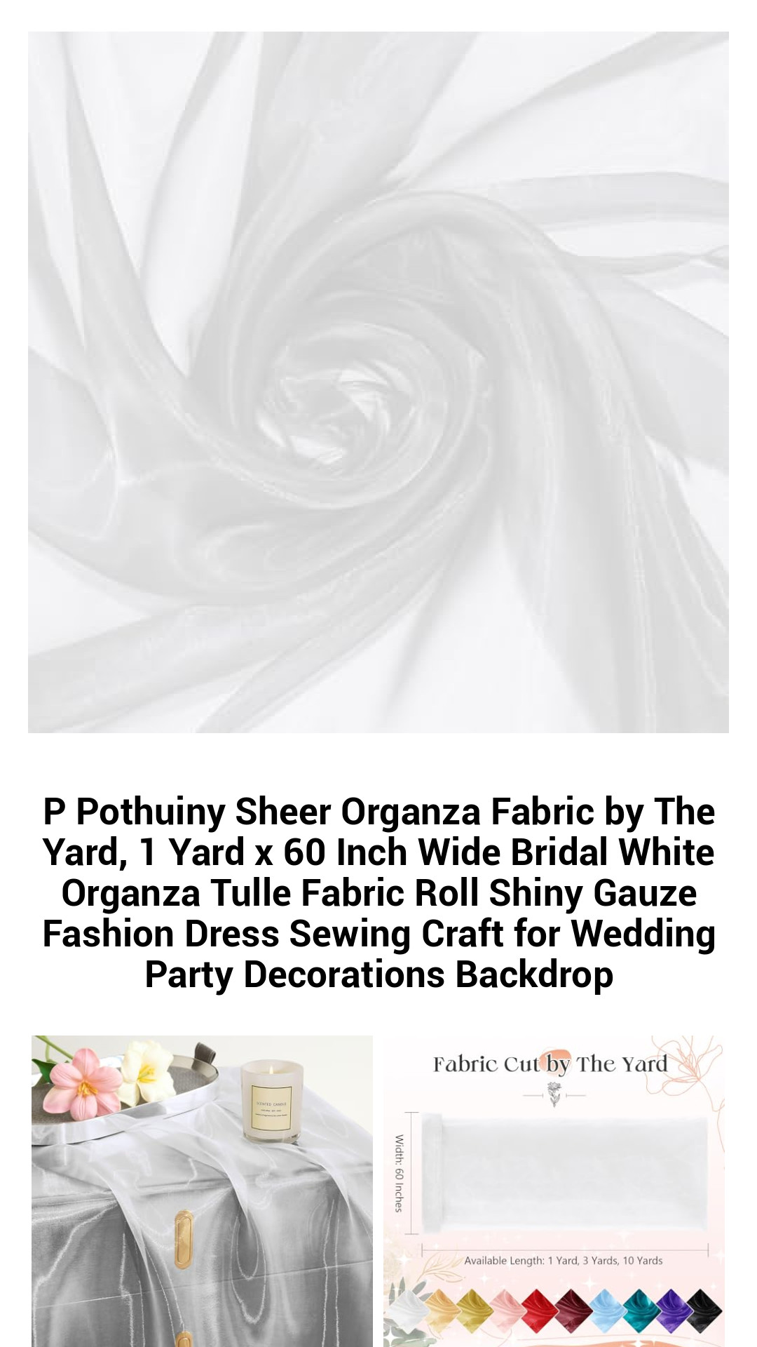 Premium Sheer Organza Fabric Roll - 1 Yard x 60 Inch Wide Bridal White Tulle for Elegant Dressmaking, Wedding Decor, and Craft Projects