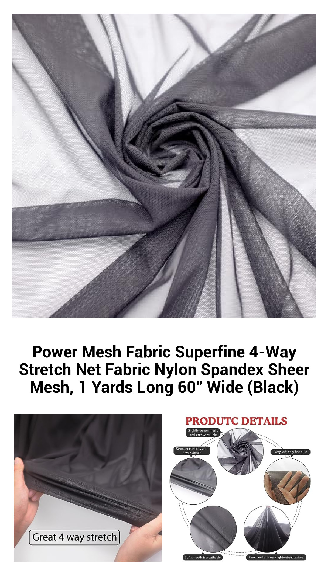 Ultra-Soft Power Mesh Fabric – Superfine 4-Way Stretch Nylon & Spandex Sheer Netting – 1 Yard x 60 Inches (Black)