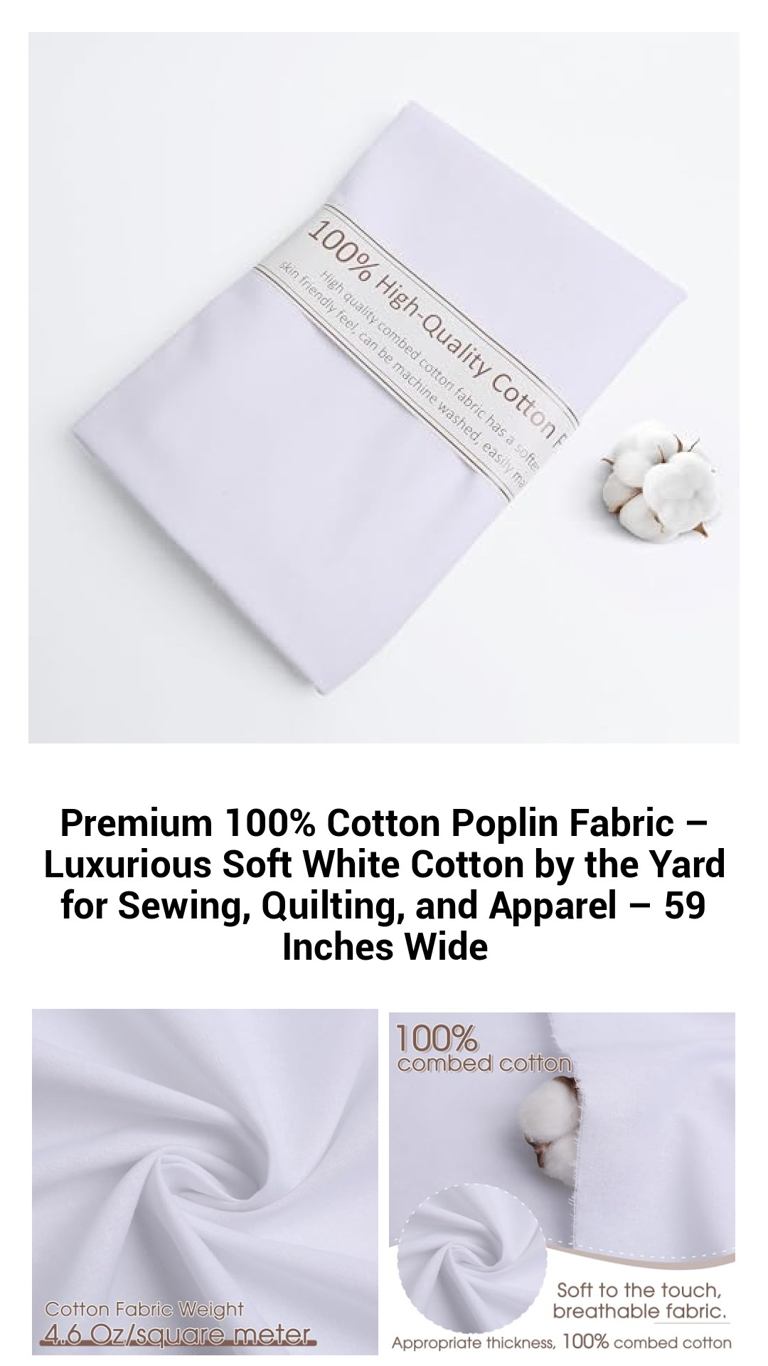 Premium 100% Cotton Poplin Fabric – Luxurious Soft White Cotton by the Yard for Sewing, Quilting, and Apparel – 59 Inches Wide Premium 100% Cotton Poplin Fabric – Luxurious Soft White Cotton by the Yard for Sewing, Quilting, and Apparel – 59 Inches Wide