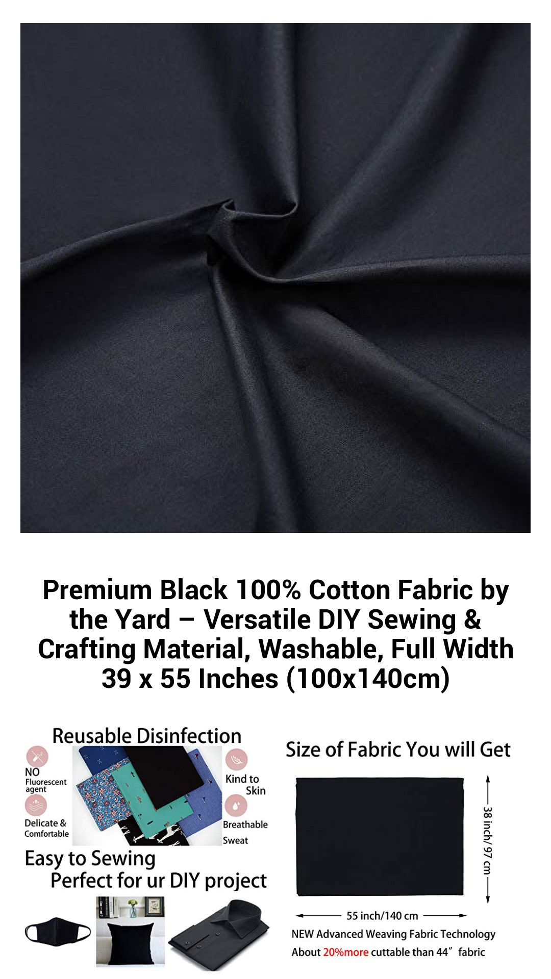 Premium Black 100% Cotton Fabric by the Yard – Versatile DIY Sewing & Crafting Material, Washable, Full Width 39 x 55 Inches (100x140cm) Premium Black 100% Cotton Fabric by the Yard – Versatile DIY Sewing & Crafting Material, Washable, Full Width 39 x 55 Inches (100x140cm)