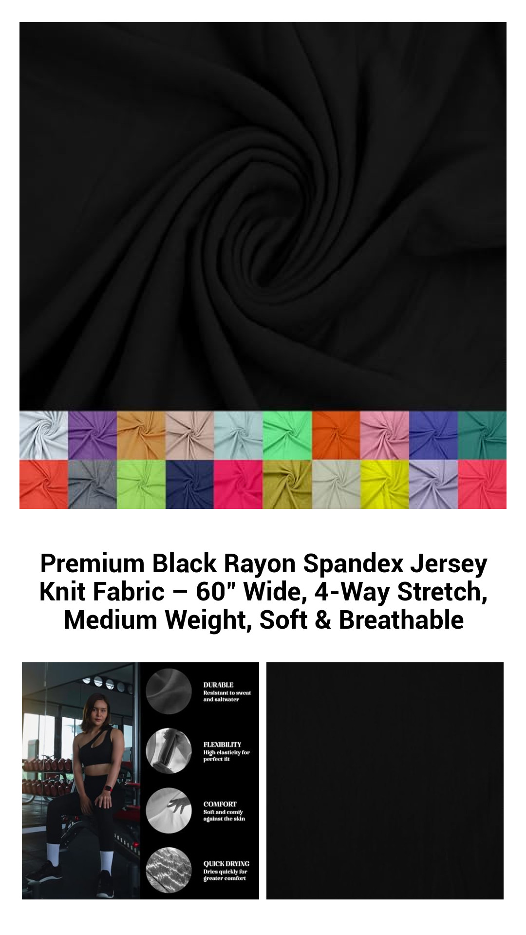 Premium Black Rayon Spandex Jersey Knit Fabric – 60″ Wide, 4-Way Stretch, Medium Weight, Soft & Breathable Premium Black Rayon Spandex Jersey Knit Fabric – 60″ Wide, 4-Way Stretch, Medium Weight, Soft & Breathable