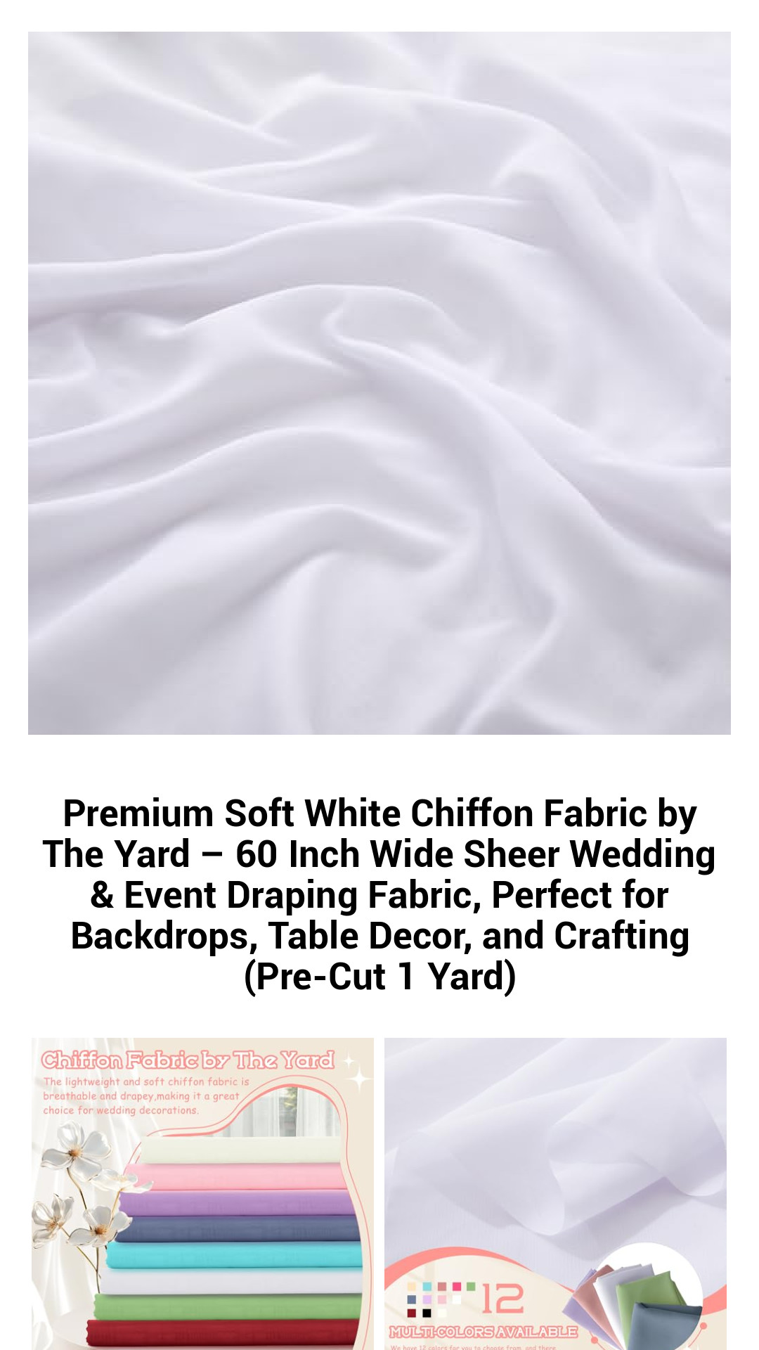 Premium Soft White Chiffon Fabric by The Yard - 60 Inch Wide Sheer Wedding & Event Draping Fabric, Perfect for Backdrops, Table Decor, and Crafting (Pre-Cut 1 Yard)