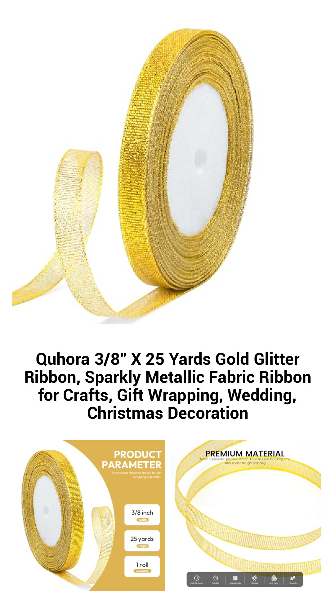 Quhora 3/8-Inch Gold Glitter Ribbon - 25 Yards of Sparkling Metallic Craft Ribbon for Gift Wrapping, Weddings, and Holiday Decor
