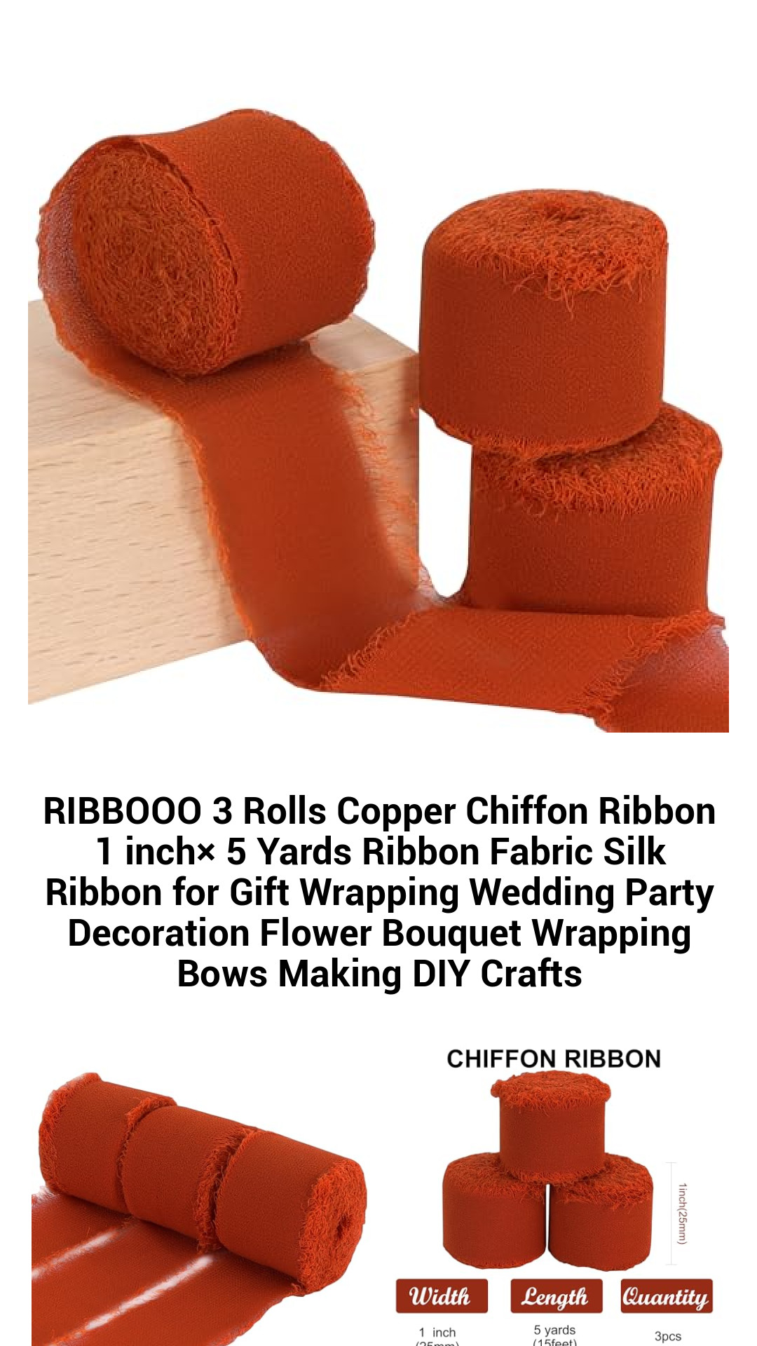 RIBBOOO 3 Rolls Copper Chiffon Ribbon 1 inch× 5 Yards Ribbon Fabric Silk Ribbon for Gift Wrapping Wedding Party Decoration Flower Bouquet Wrapping Bows Making DIY Crafts RIBBOOO 3 Rolls Copper Chiffon Ribbon 1 inch× 5 Yards Ribbon Fabric Silk Ribbon for Gift Wrapping Wedding Party Decoration Flower Bouquet Wrapping Bows Making DIY Crafts