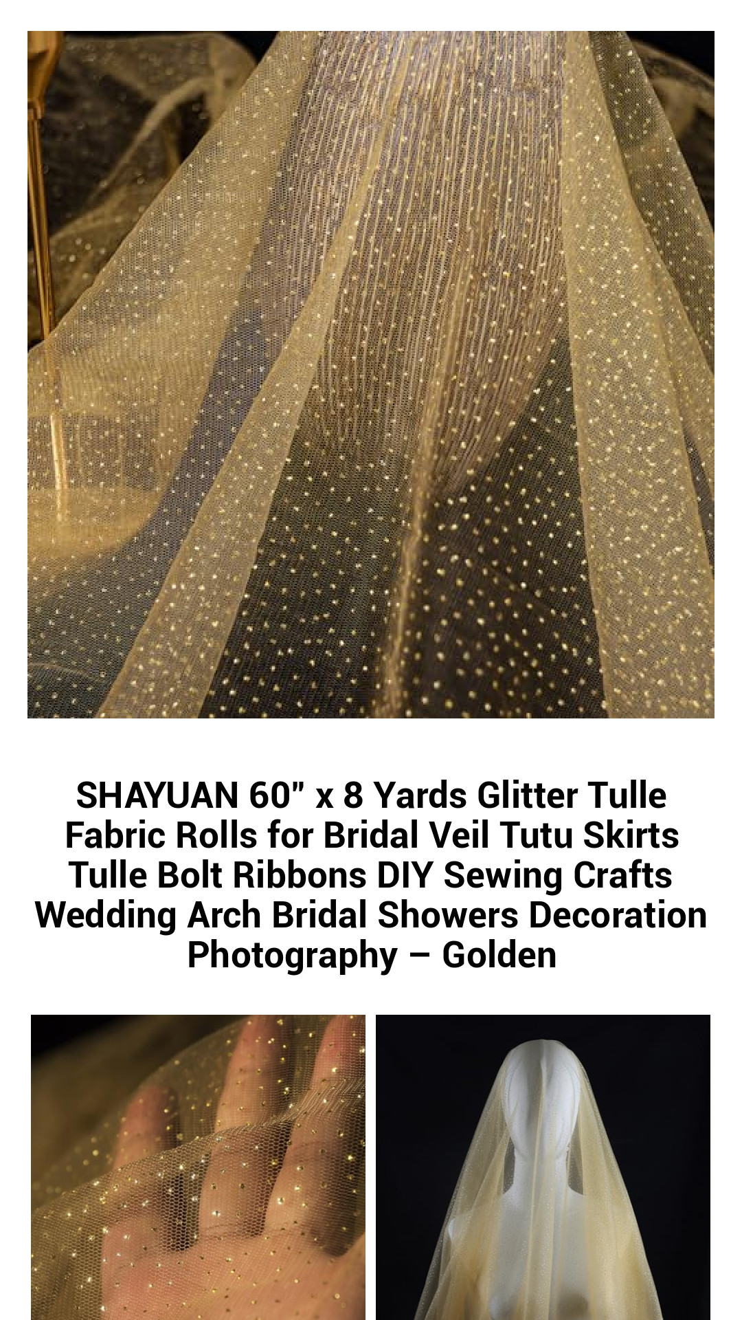 SHAYUAN 60-Inch x 8 Yards Premium Glitter Tulle Fabric Roll – Ideal for Bridal Veils, Tutu Skirts, DIY Crafts, Wedding Decorations, and Photography – Golden Sequin Mesh