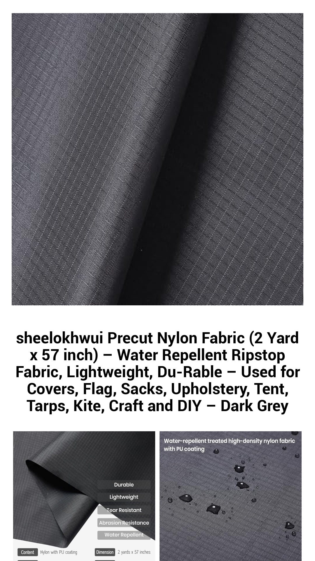 High-Performance Water Repellent Nylon Fabric - Precut 2 Yards x 57 Inches - Durable Ripstop Material for Covers, Flags, Tarps, and DIY Projects - Dark Grey
