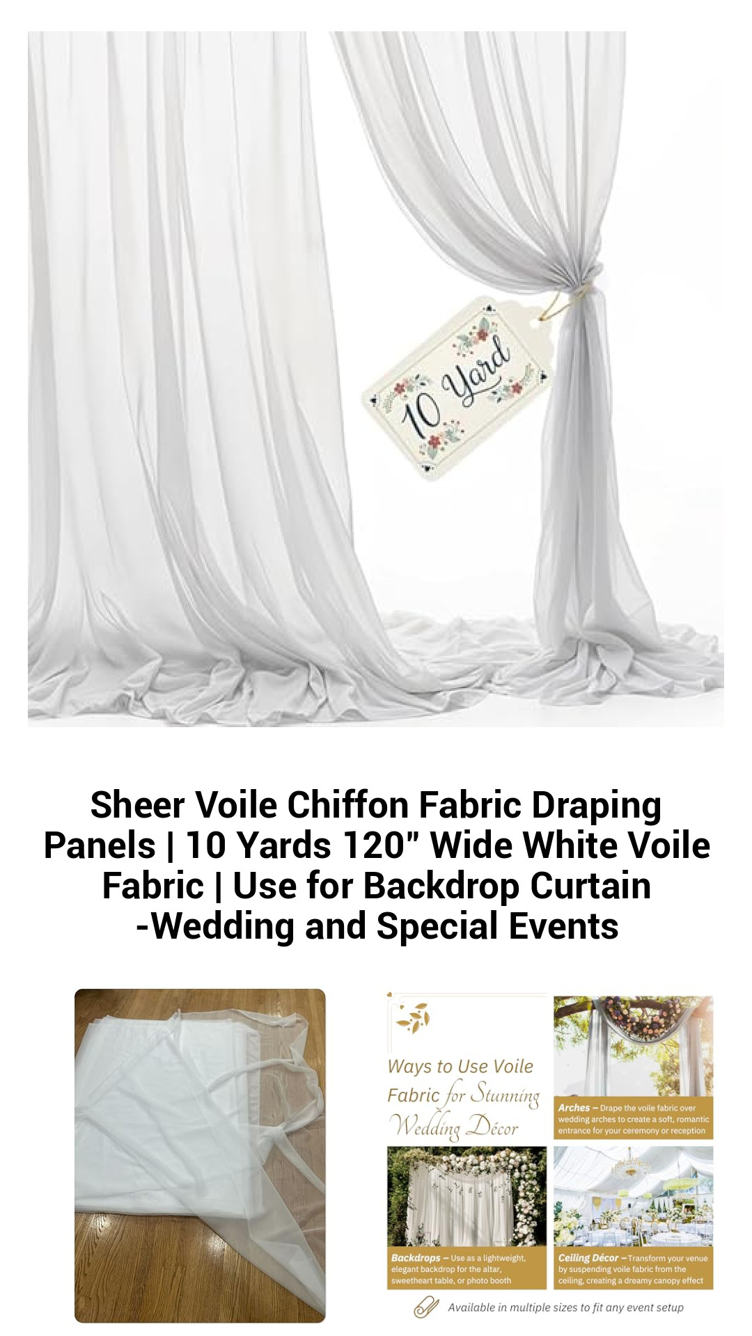 Elegant White Sheer Voile Chiffon Draping Panels | 10 Yards of 120" Wide Premium Voile Fabric for Wedding Backdrops and Event Decor