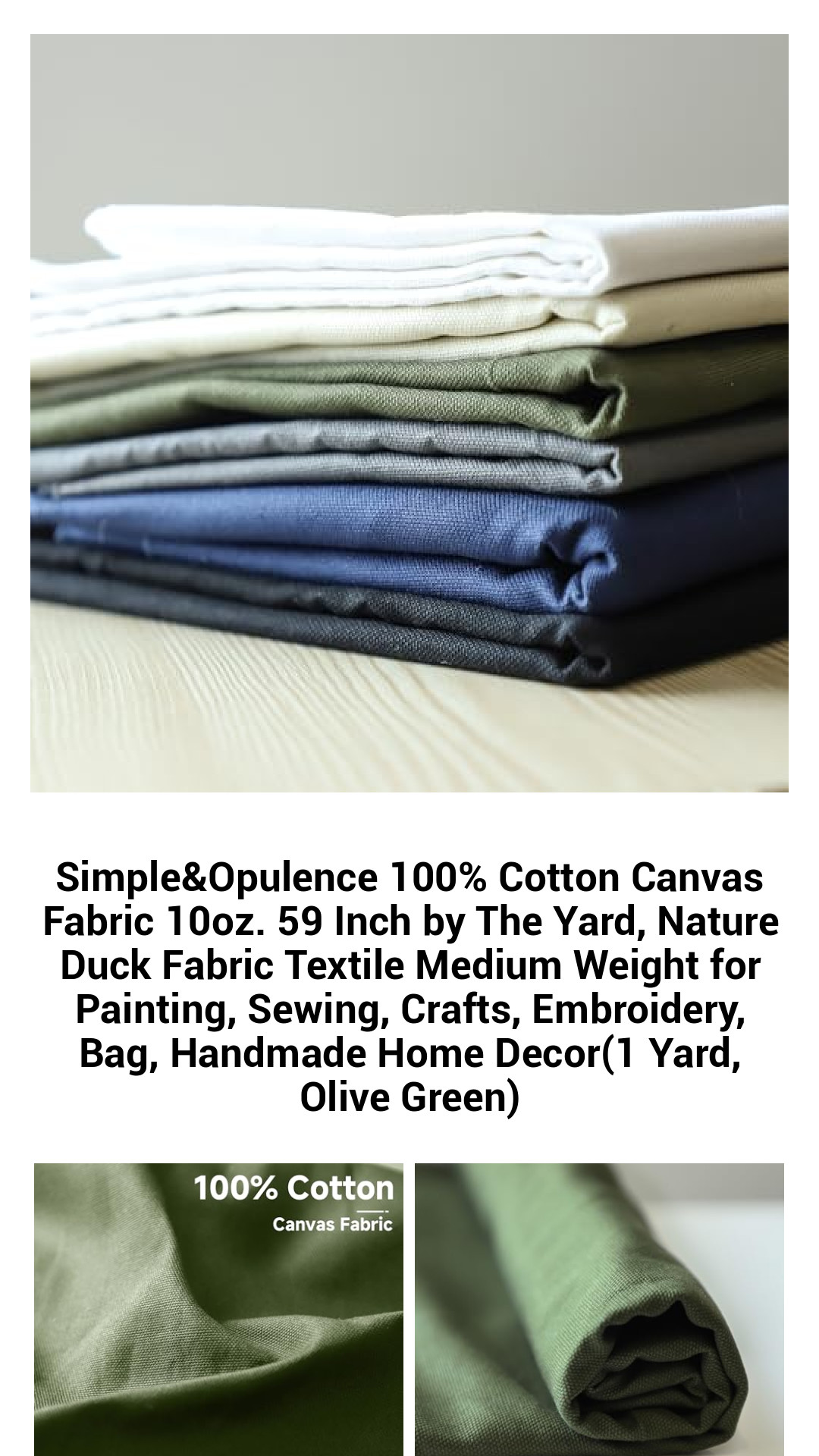 Premium Olive Green 100% Cotton Canvas Fabric - 10oz Medium Weight, 59 Inch by the Yard for Sewing, Crafts, Painting, and Home Decor