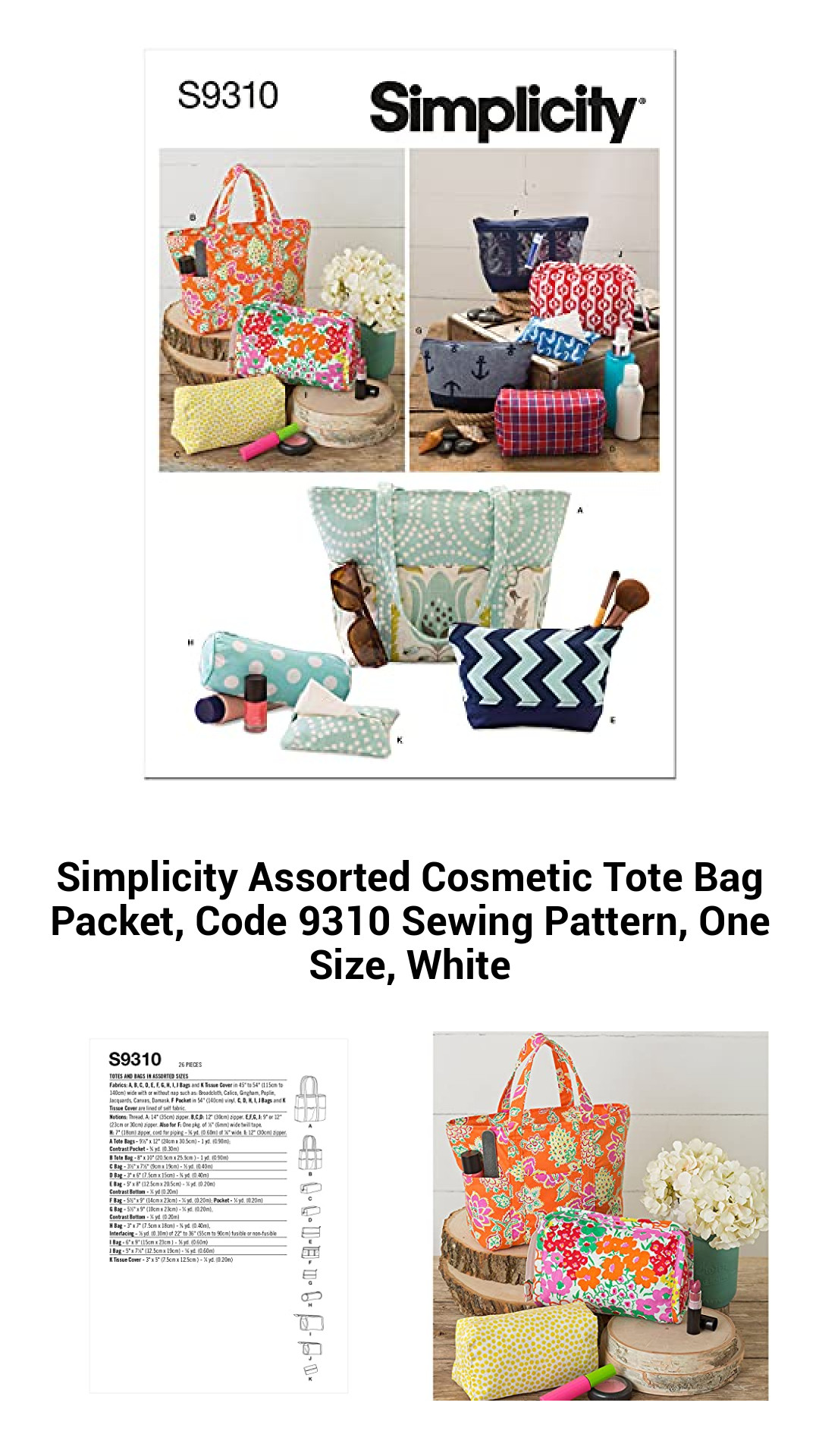 Ultimate Cosmetic and Tote Bag Sewing Pattern Kit - Create Stylish Bags with Ease, Code 9310, One Size, White