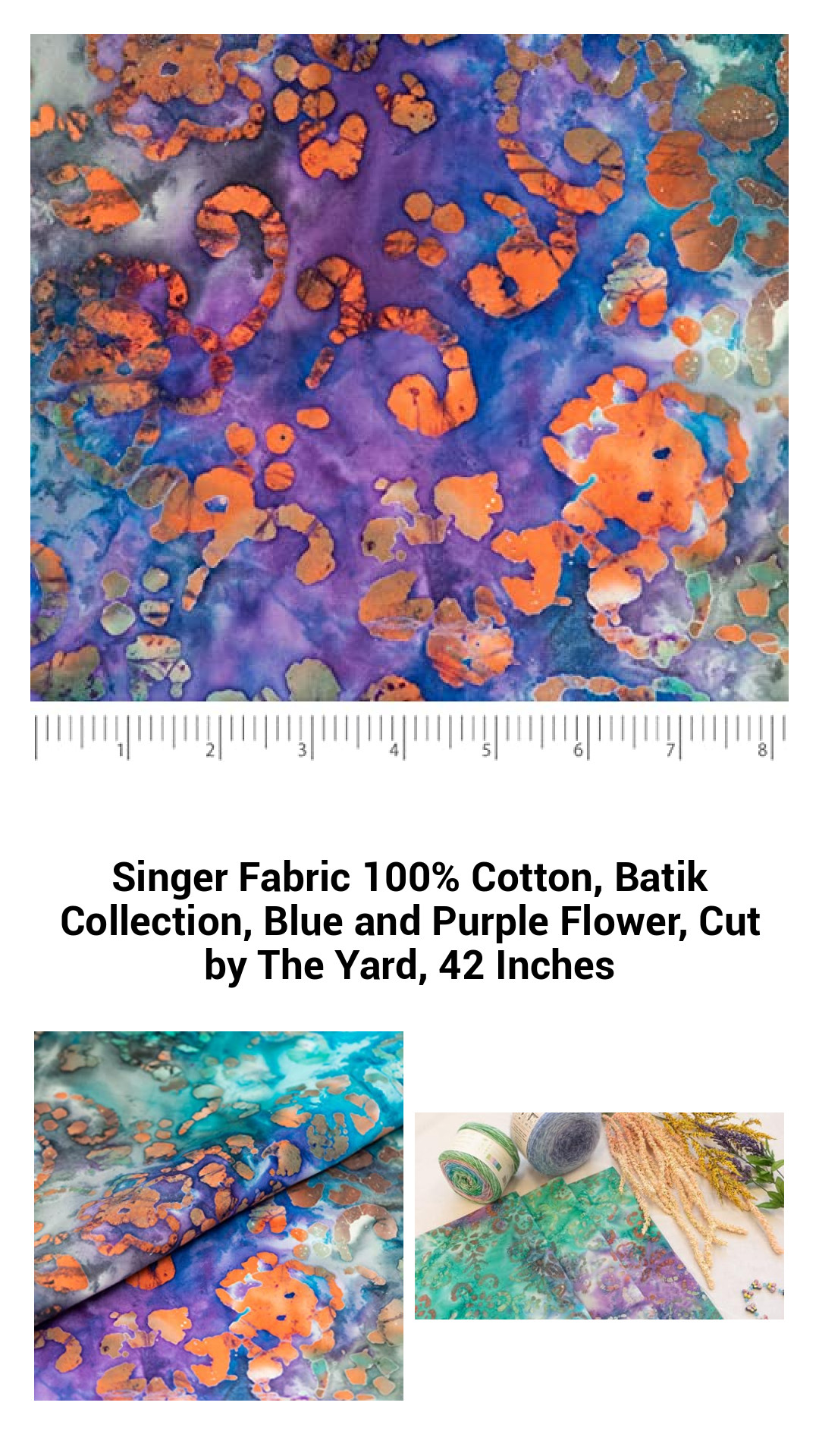 Premium Singer 100% Cotton Batik Fabric, Vibrant Blue and Purple Floral Design, Cut by the Yard - 42 Inches Wide