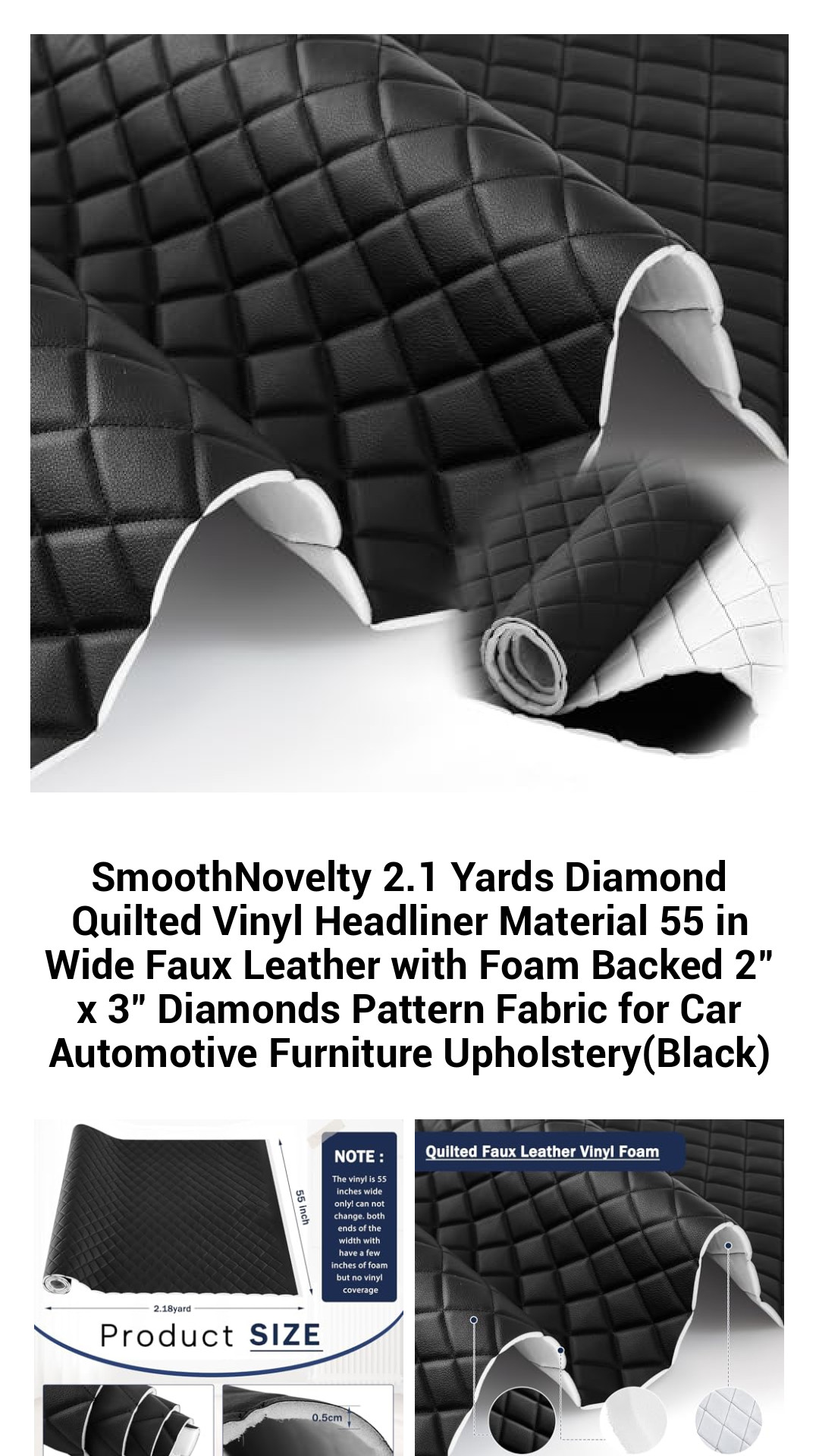 Premium Diamond Quilted Faux Leather Headliner Material - 2.1 Yards of Versatile 55-Inch Wide Upholstery Fabric for Cars, Furniture, and Décor (Black)