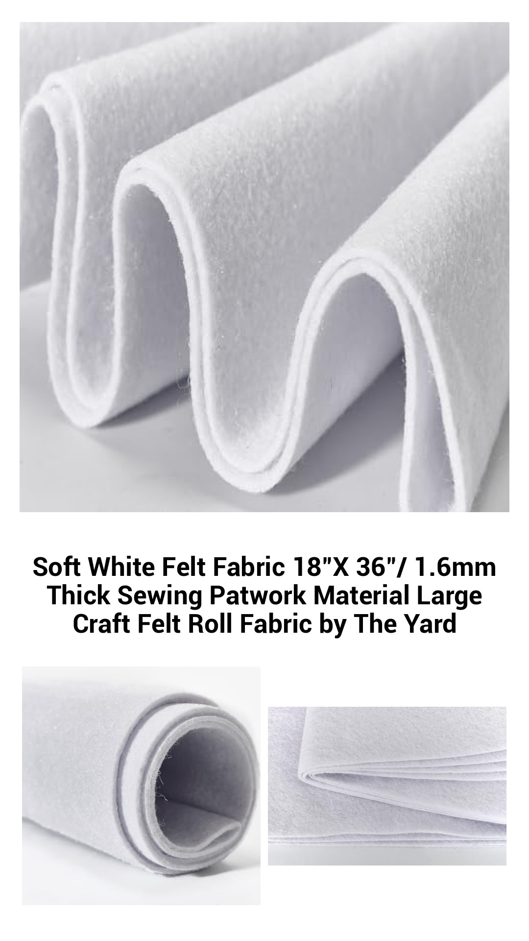 Premium Soft White Felt Fabric Roll - 18"x36", 1.6mm Thick, Versatile Crafting Material for Sewing and DIY Projects