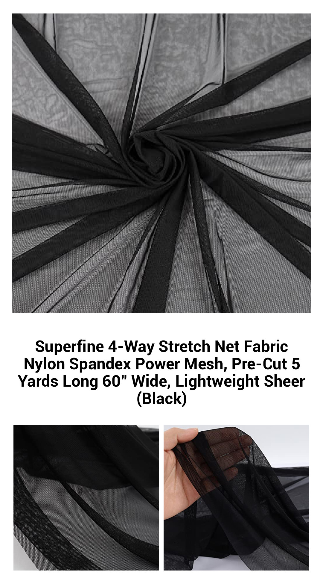 Ultra-Soft 4-Way Stretch Black Power Mesh Fabric - Lightweight Nylon Spandex for Lingerie & Activewear - Pre-Cut 5 Yards x 60 Inches