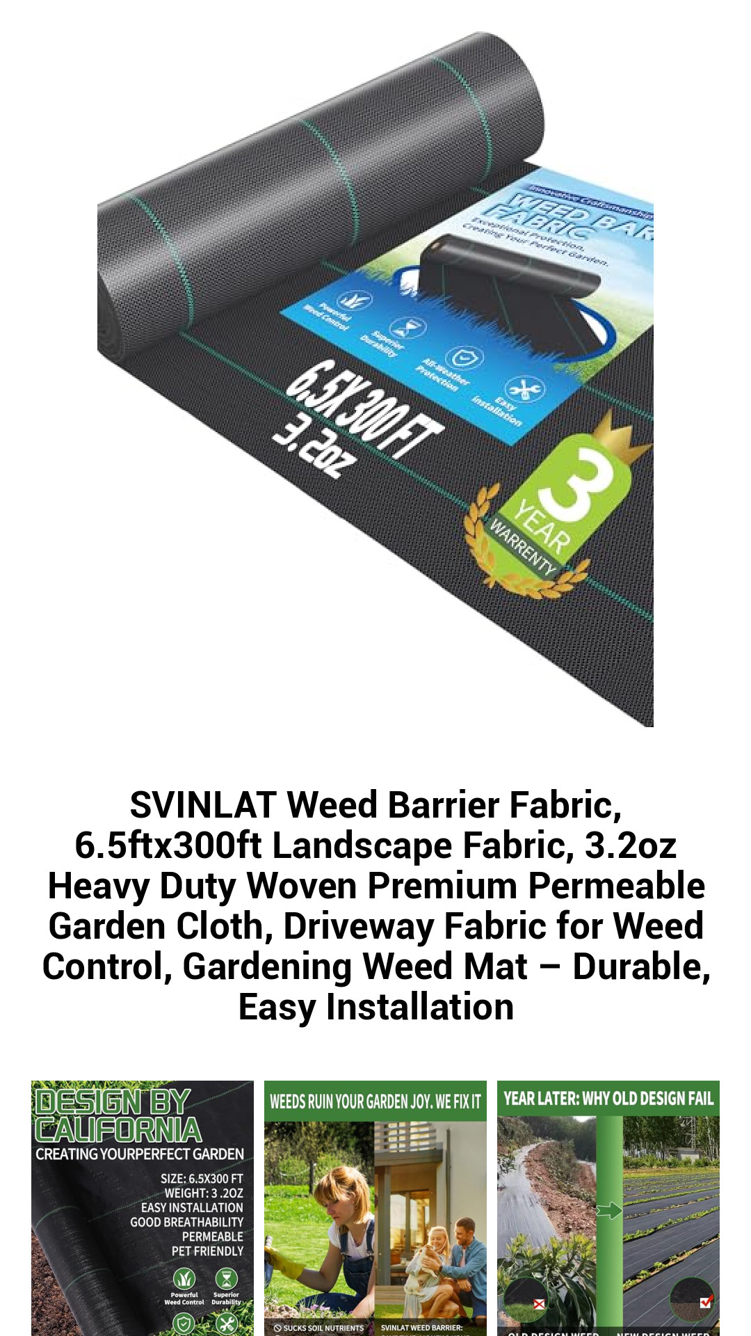 Premium 6.5ft x 300ft Heavy-Duty Weed Barrier Fabric – Advanced Woven Landscape Cloth for Superior Weed Control, Soil Protection, and Easy Installation