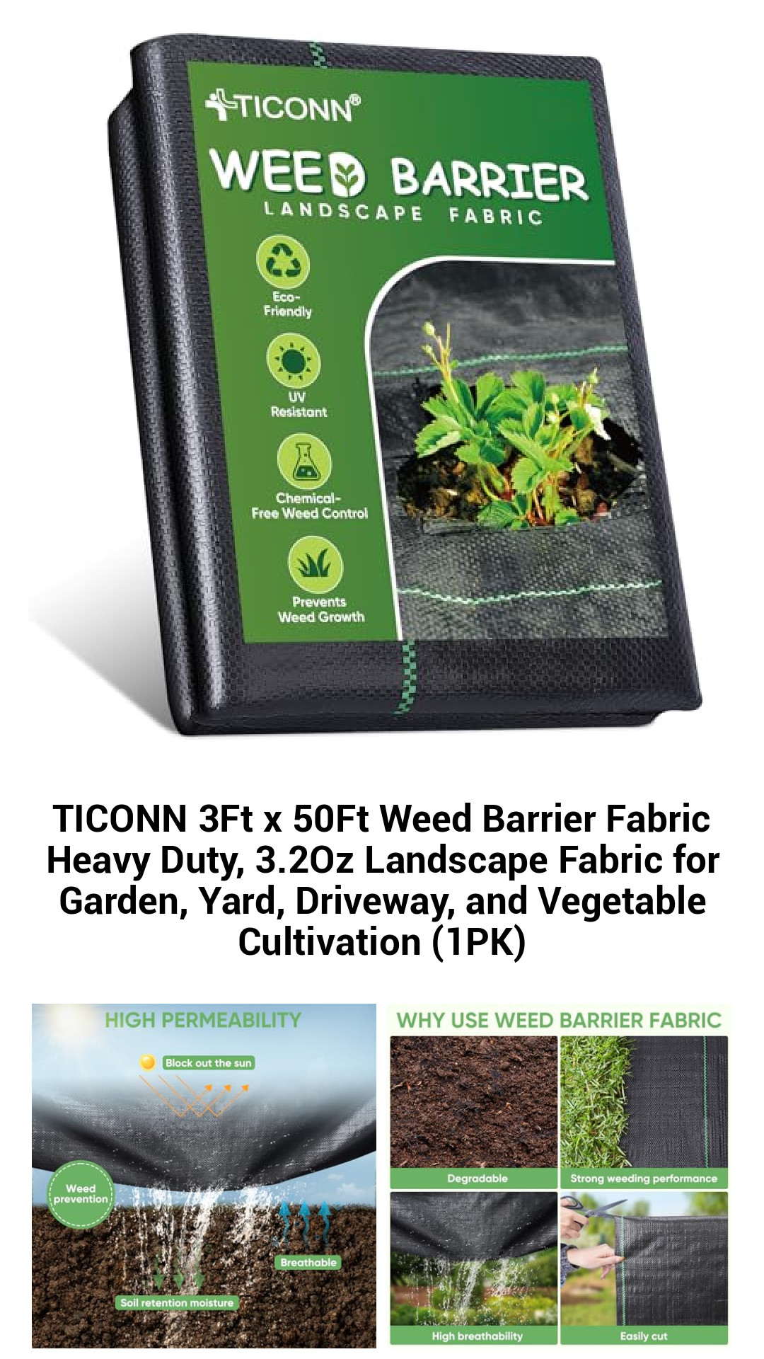Heavy-Duty 3.2oz Weed Barrier Fabric 3Ft x 50Ft – Premium Landscape Fabric for Gardens, Yards, and Driveways