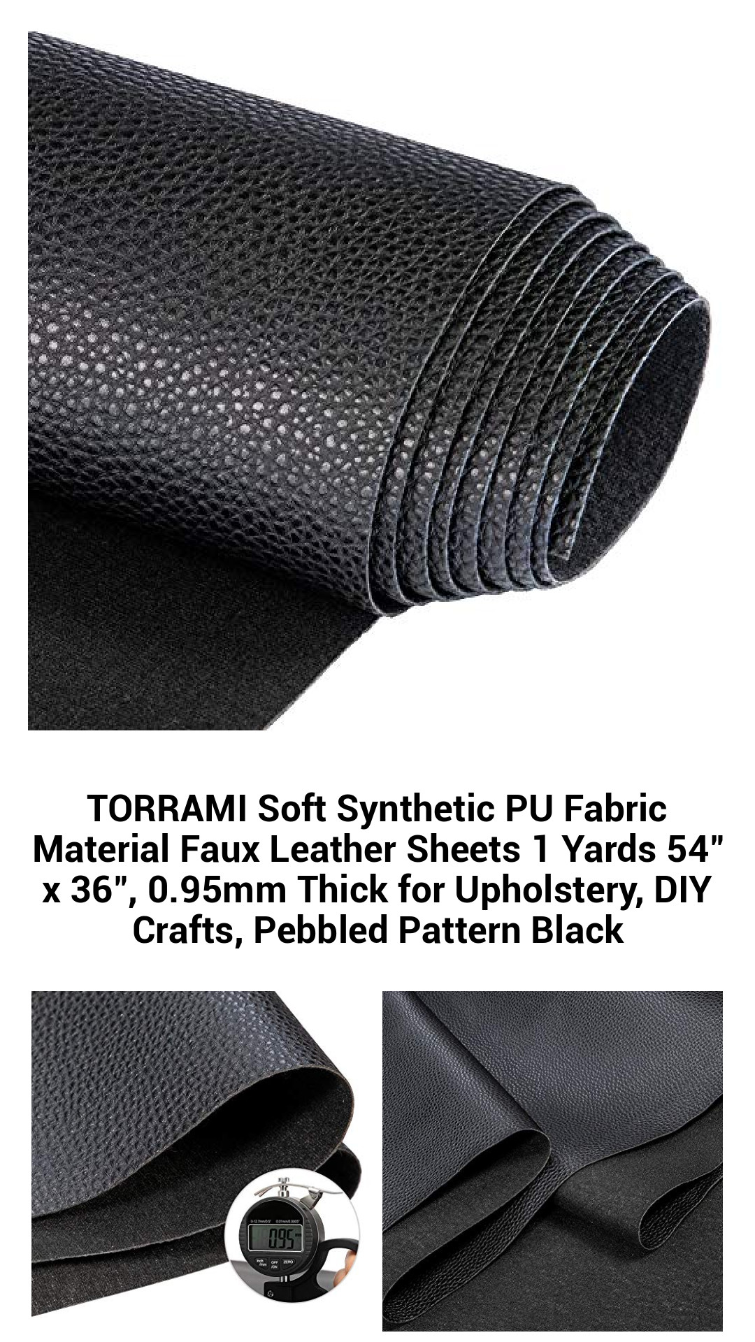 Premium Pebbled Black Faux Leather Sheets - Soft Synthetic PU Fabric for DIY Crafts, Upholstery & Accessories, 54" x 36", 0.95mm Thick