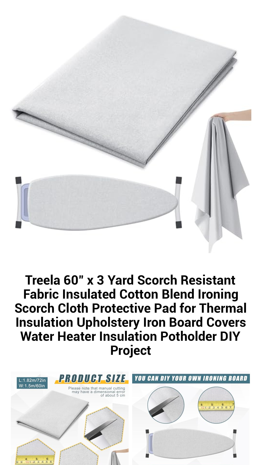 Treela Premium 60" x 3 Yard Scorch Resistant Insulated Cotton Blend Ironing Pad - Ultimate Thermal Protection for DIY Projects, Upholstery, and Iron Board Covers