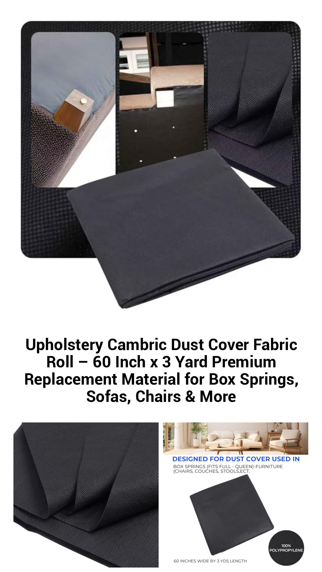 Upholstery Cambric Dust Cover Fabric Roll - 60 Inch x 3 Yard Premium Replacement Material for Box Springs, Sofas, Chairs & More
