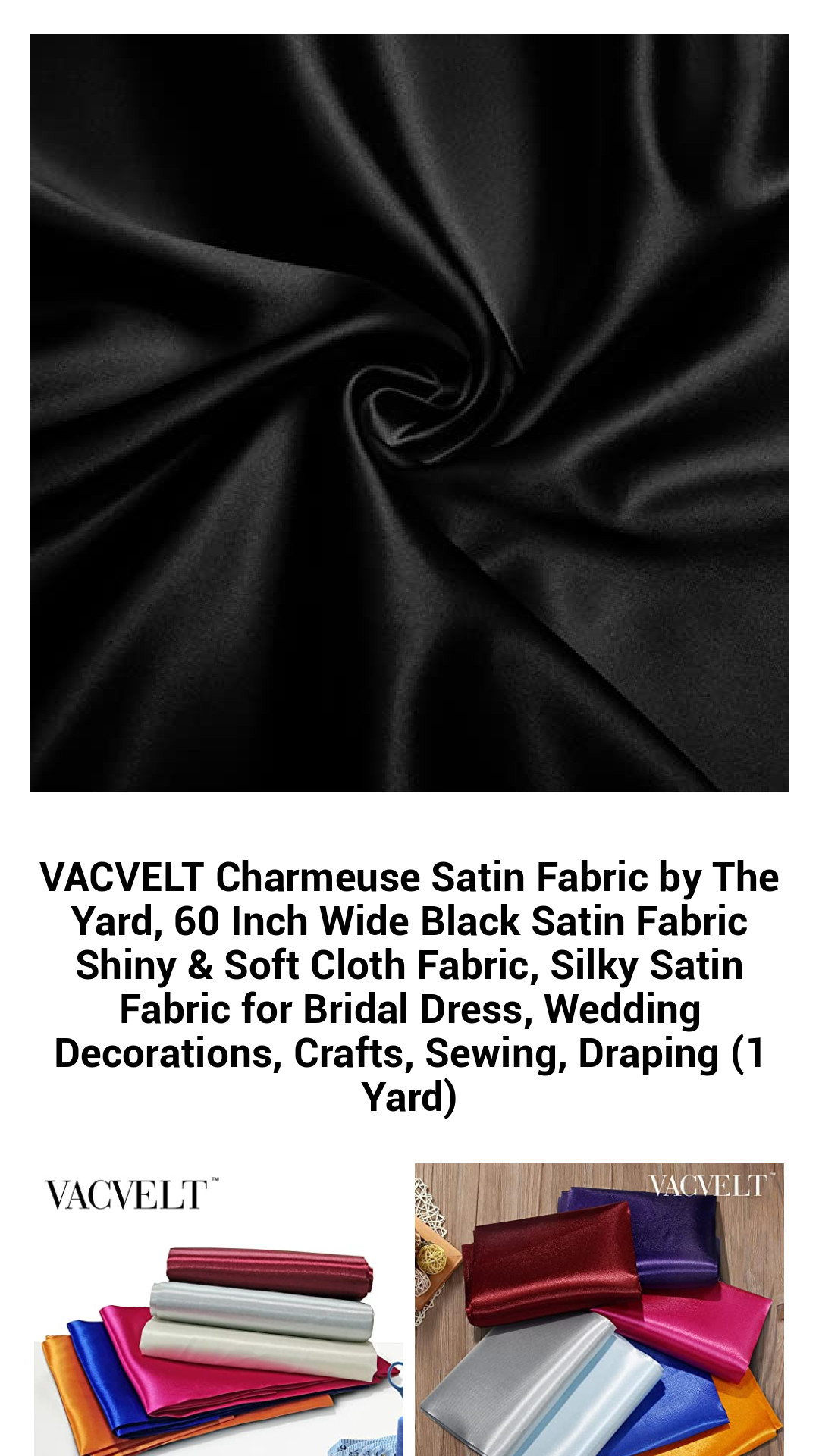 Luxurious Black Charmeuse Satin Fabric by the Yard - 60 Inch Wide Soft and Shiny Cloth for Bridal Gowns, Wedding Decor, Crafts, and Fashion Sewing