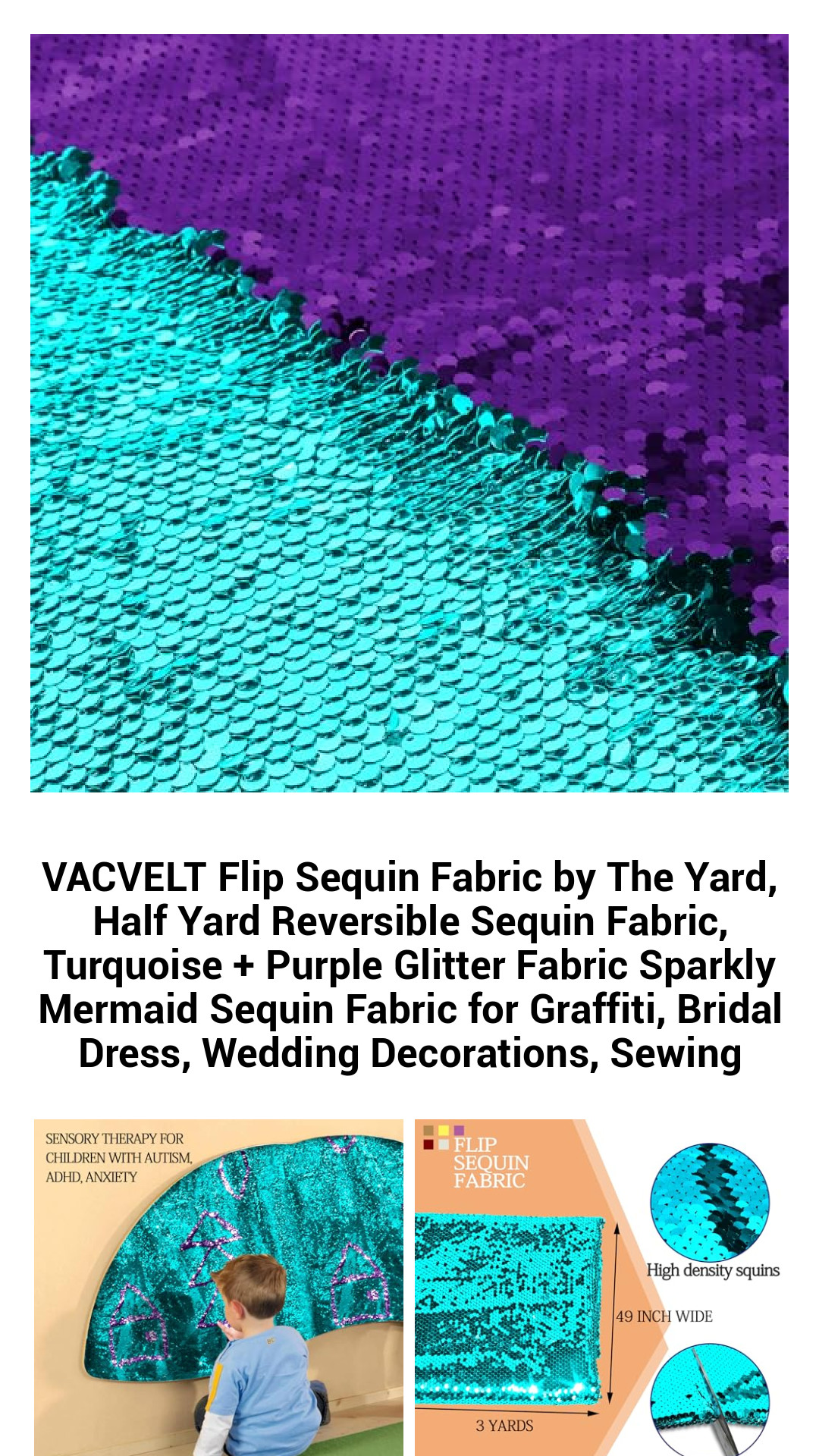 Iridescent Flip Sequin Fabric by the Yard - Half Yard Reversible Turquoise & Purple Glamour for Crafting, Weddings, and Home Decor