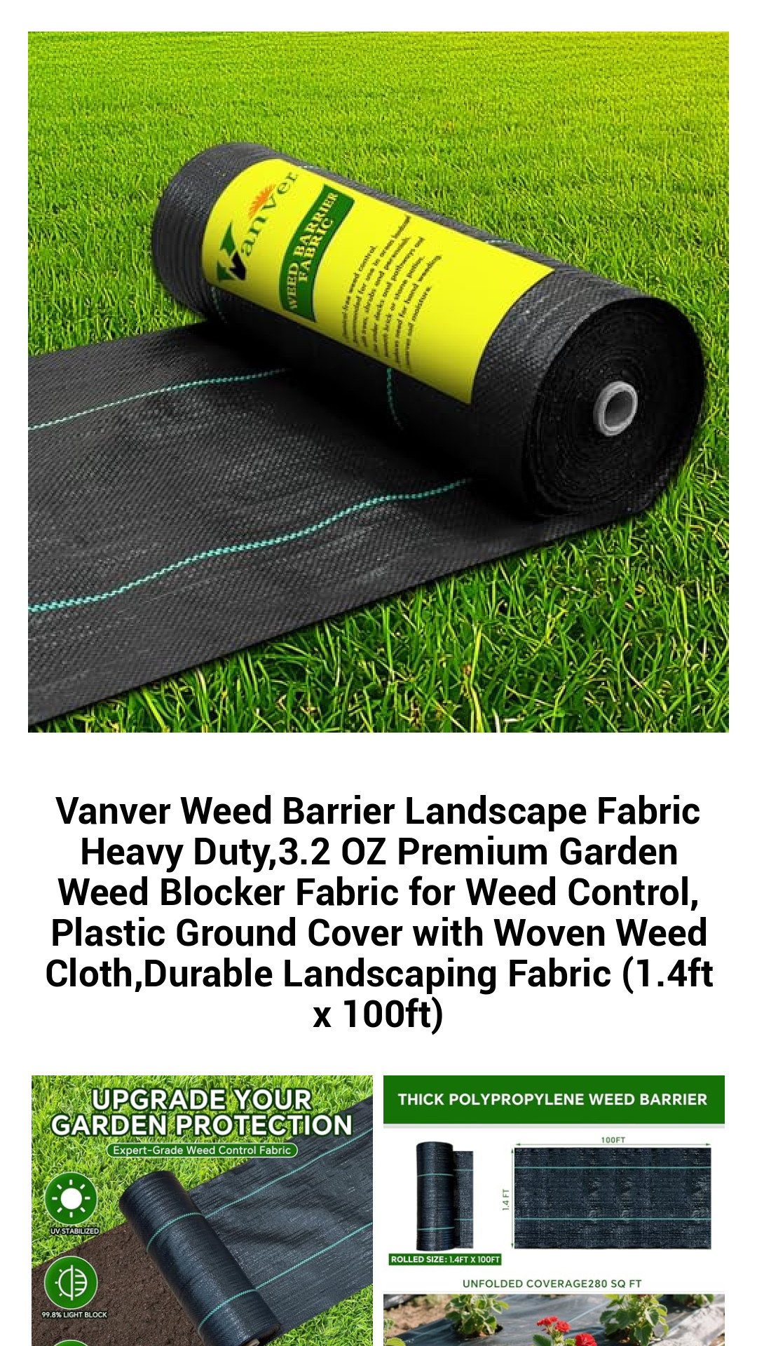 Heavy-Duty Weed Barrier Fabric - 3.2 OZ Garden Landscape Fabric for Superior Weed Control, Durable Plastic Ground Cover with Woven Structure (1.4ft x 100ft)