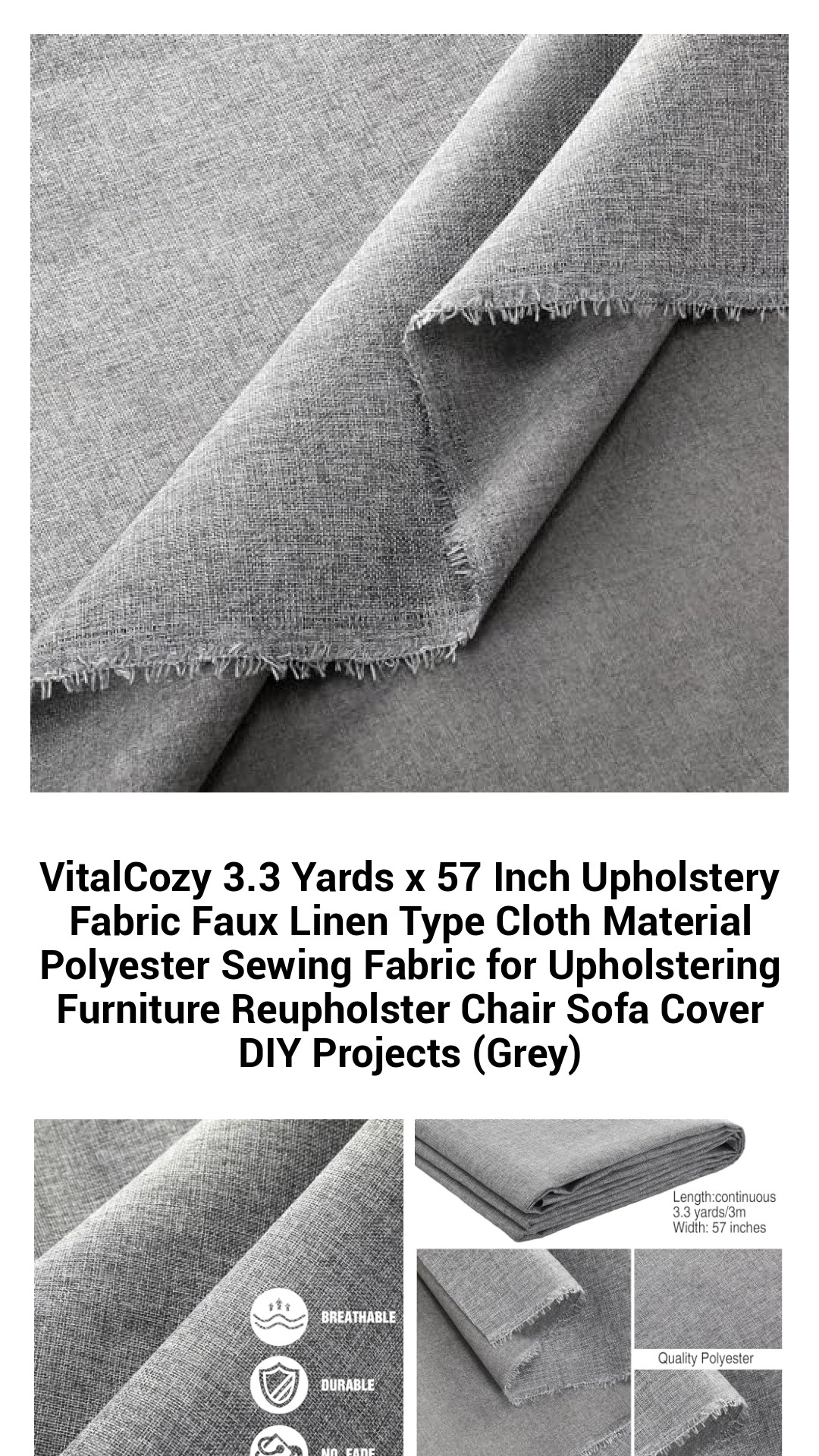 Premium 3.3 Yards x 57 Inch Upholstery Fabric - Faux Linen Polyester Material for Chairs, Sofas, and DIY Projects in Elegant Grey