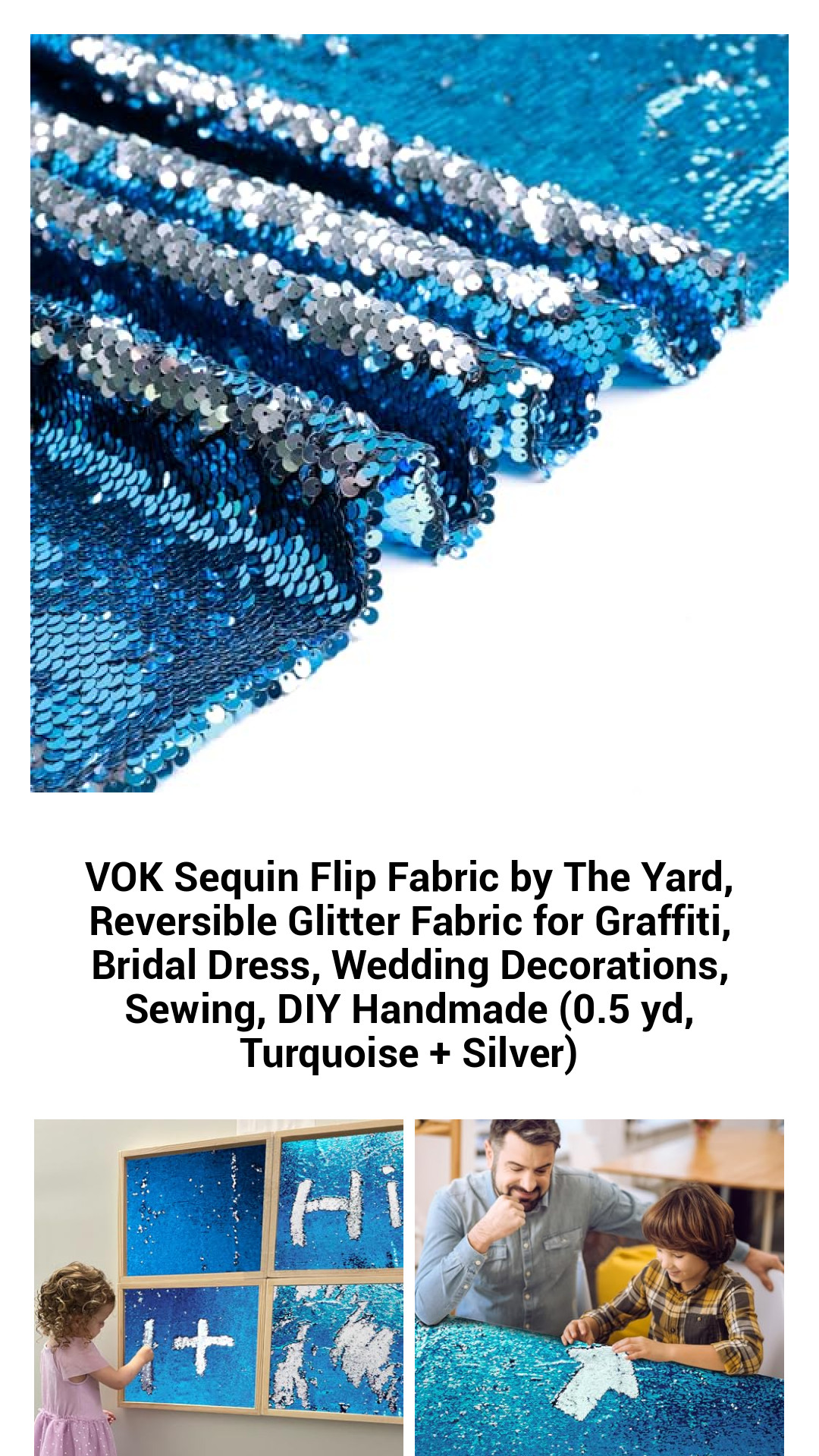 Reversible Turquoise and Silver Sequin Flip Fabric by The Yard - Perfect for DIY Projects, Bridal Wear, and Creative Decor
