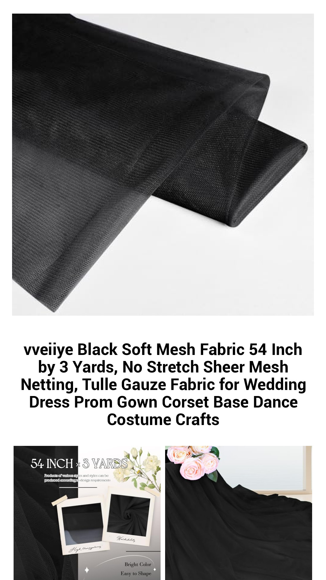 Luxurious Black Sheer Mesh Fabric - 54 Inch by 3 Yards, Non-Stretch Tulle Netting for Weddings, Prom, Costumes, and Craft Projects