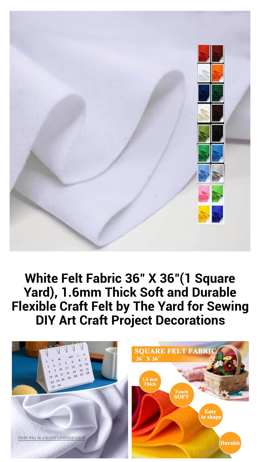 Premium White Felt Fabric 36" x 36" - 1.6mm Thick Soft and Durable Craft Material for DIY Projects, Sewing, and Home Decor