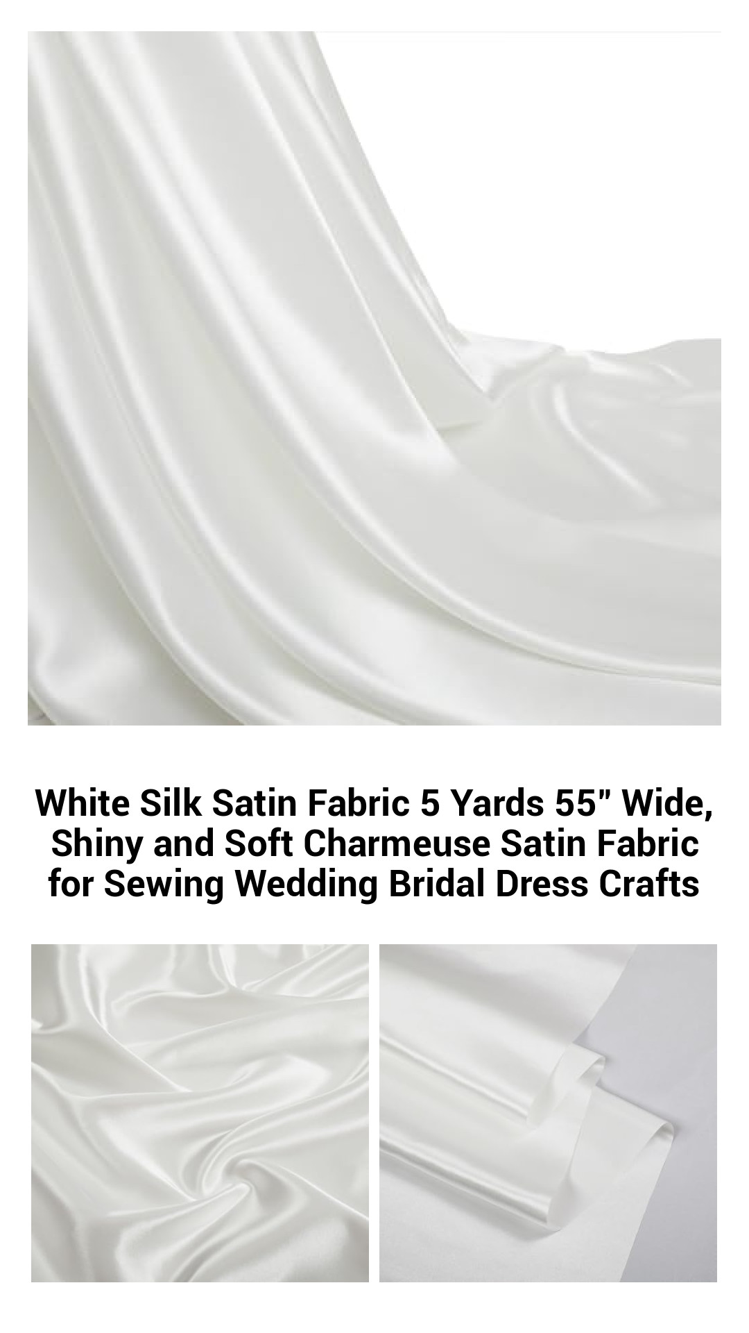Luxurious White Charmeuse Satin Fabric - 5 Yards of Soft, Shiny 55" Wide Polyester Perfect for Wedding Dresses, Crafting, and Sewing Projects