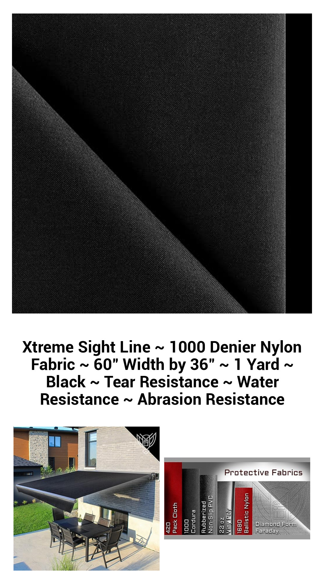 Ultimate 1000 Denier Nylon Fabric - 60" Wide, 1 Yard Black - Superior Tear, Water, and Abrasion Resistance for Rugged Applications