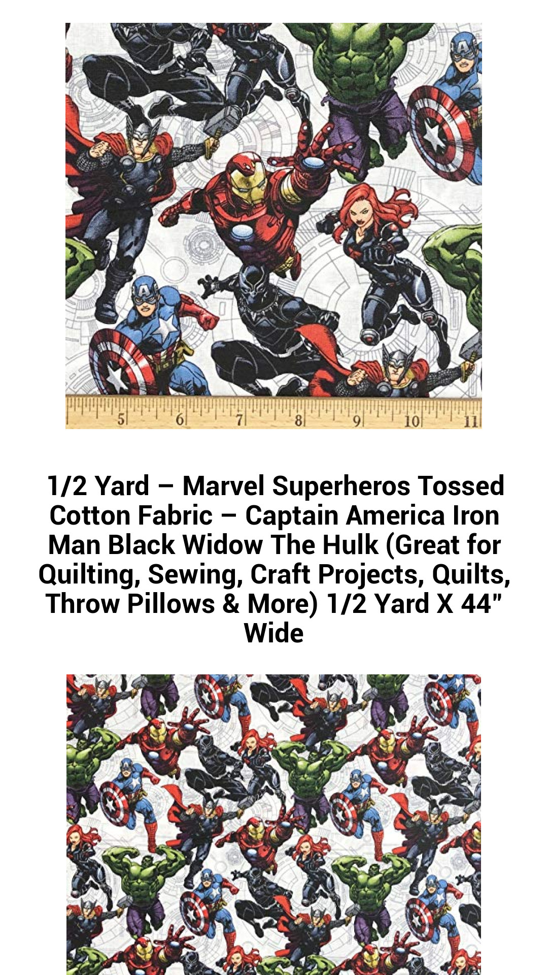 Vibrant Marvel Superheroes Cotton Fabric – Captain America, Iron Man, Black Widow & The Hulk – Perfect for Quilting, Sewing, Crafts, and Home Decor – 1/2 Yard x 44" Wide