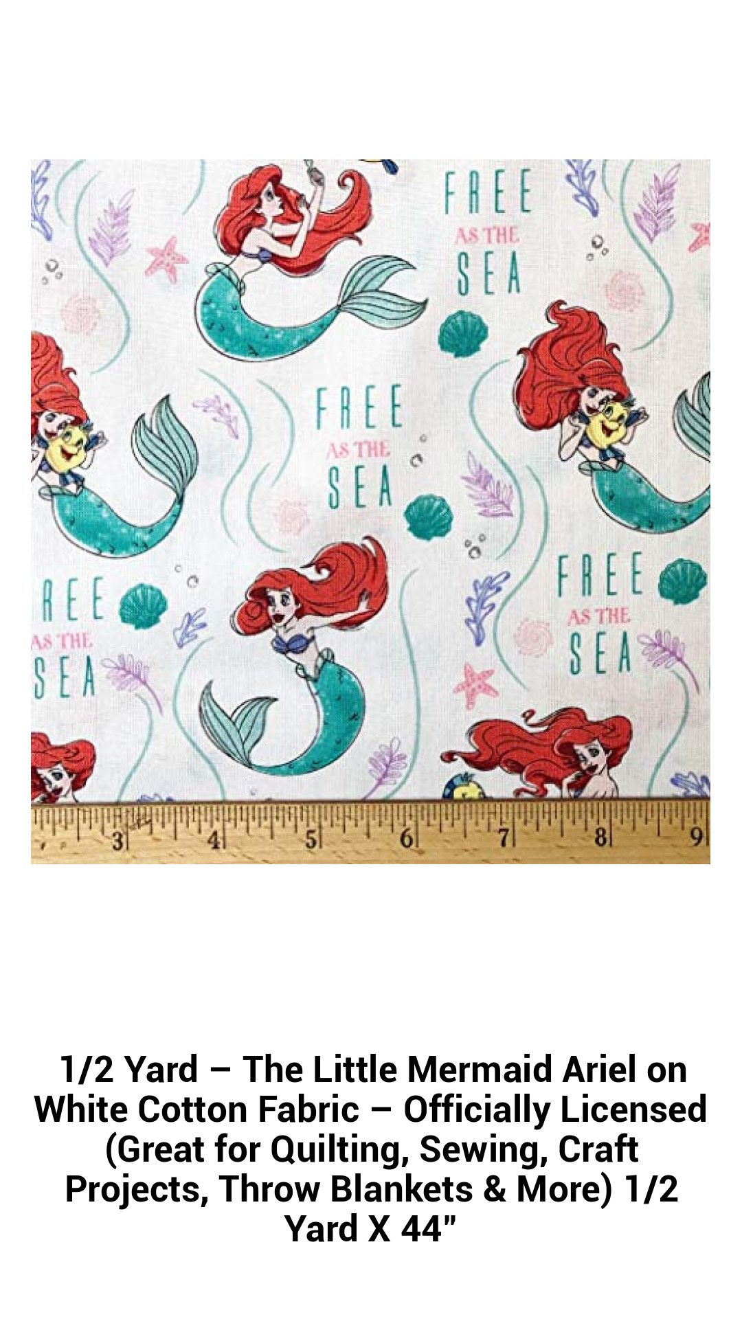 Enchanting 1/2 Yard Little Mermaid Ariel Cotton Fabric – Perfect for Quilting, Crafts, and More – Officially Licensed Disney Delight!