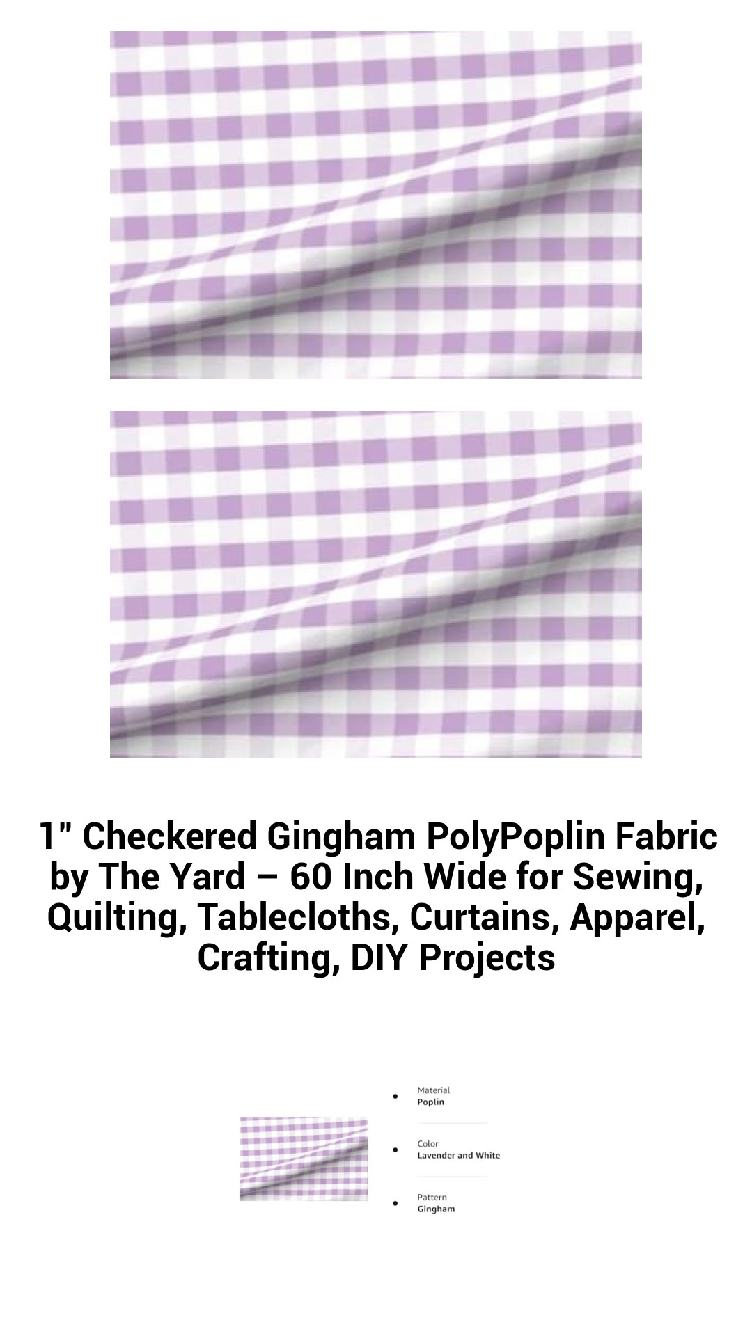 Versatile 1" Checkered Gingham Poly Poplin Fabric - 60 Inch Wide for Sewing, Quilting, Home Decor, and DIY Projects