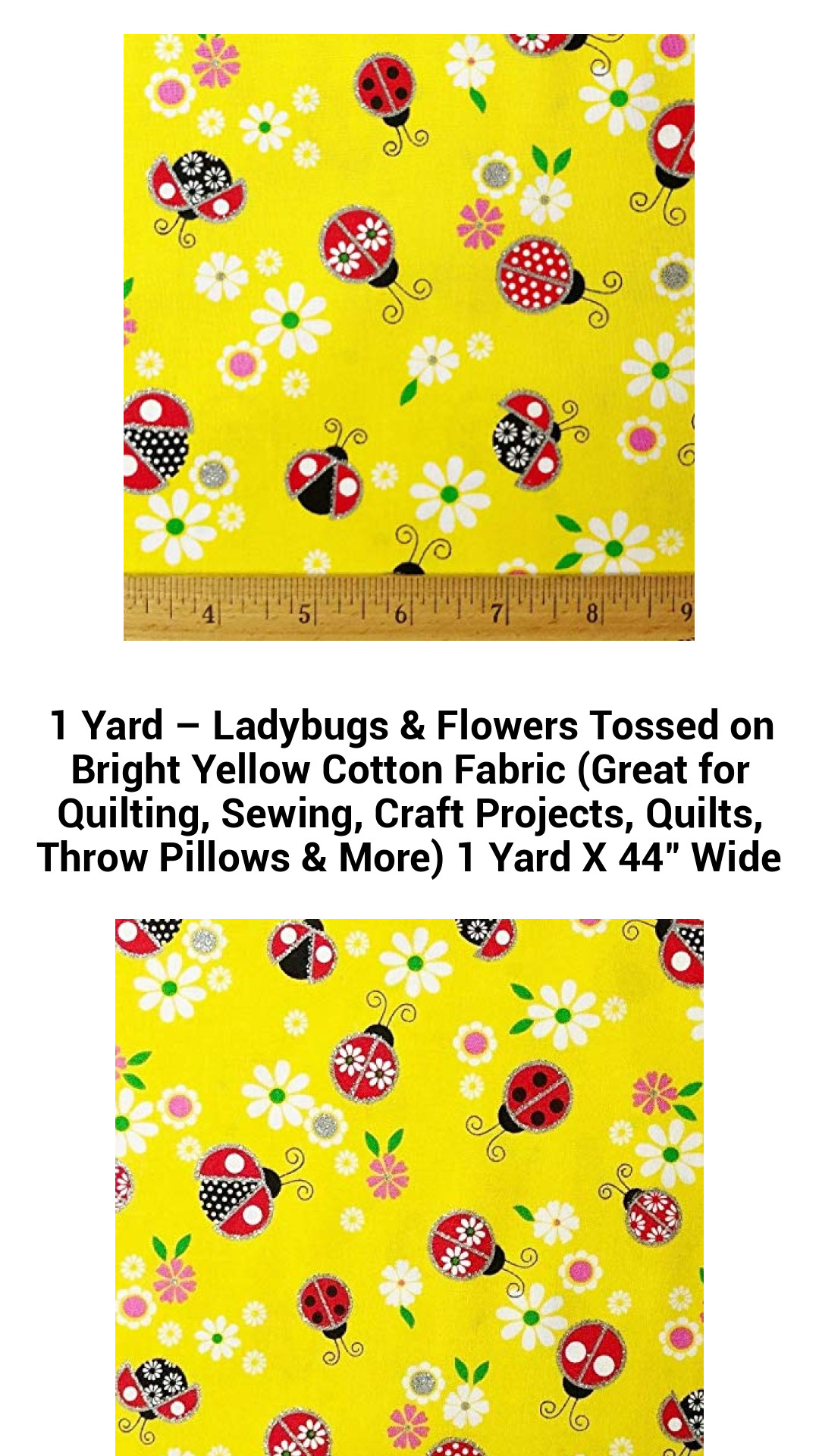 Cheerful Ladybug and Flower Cotton Fabric - 1 Yard of Bright Yellow Delight for Quilting, Sewing, and Crafting Adventures
