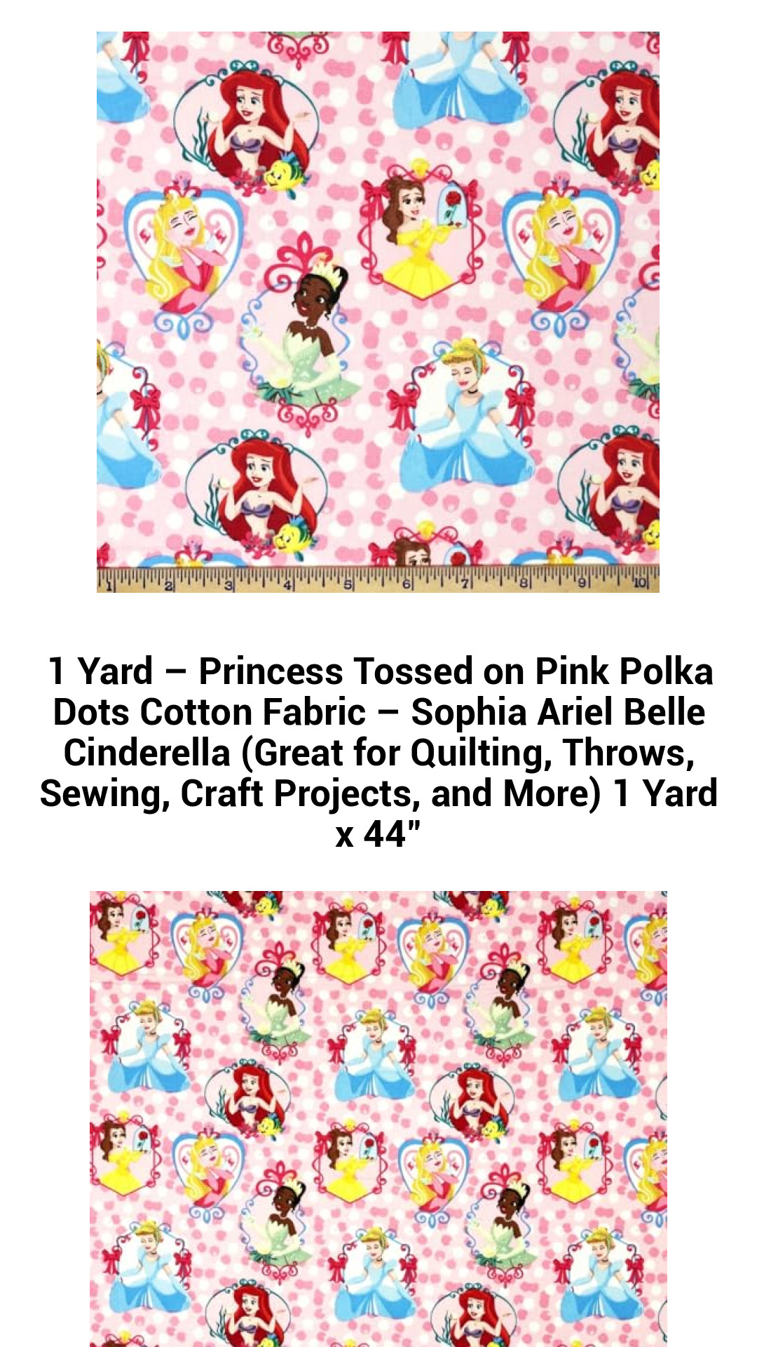 Enchanting Princess Parade Pink Polka Dots Cotton Fabric – Featuring Sophia, Ariel, Belle, and Cinderella – Perfect for Quilting, Crafting, Sewing, and Home Décor Projects – 1 Yard x 44 Inches