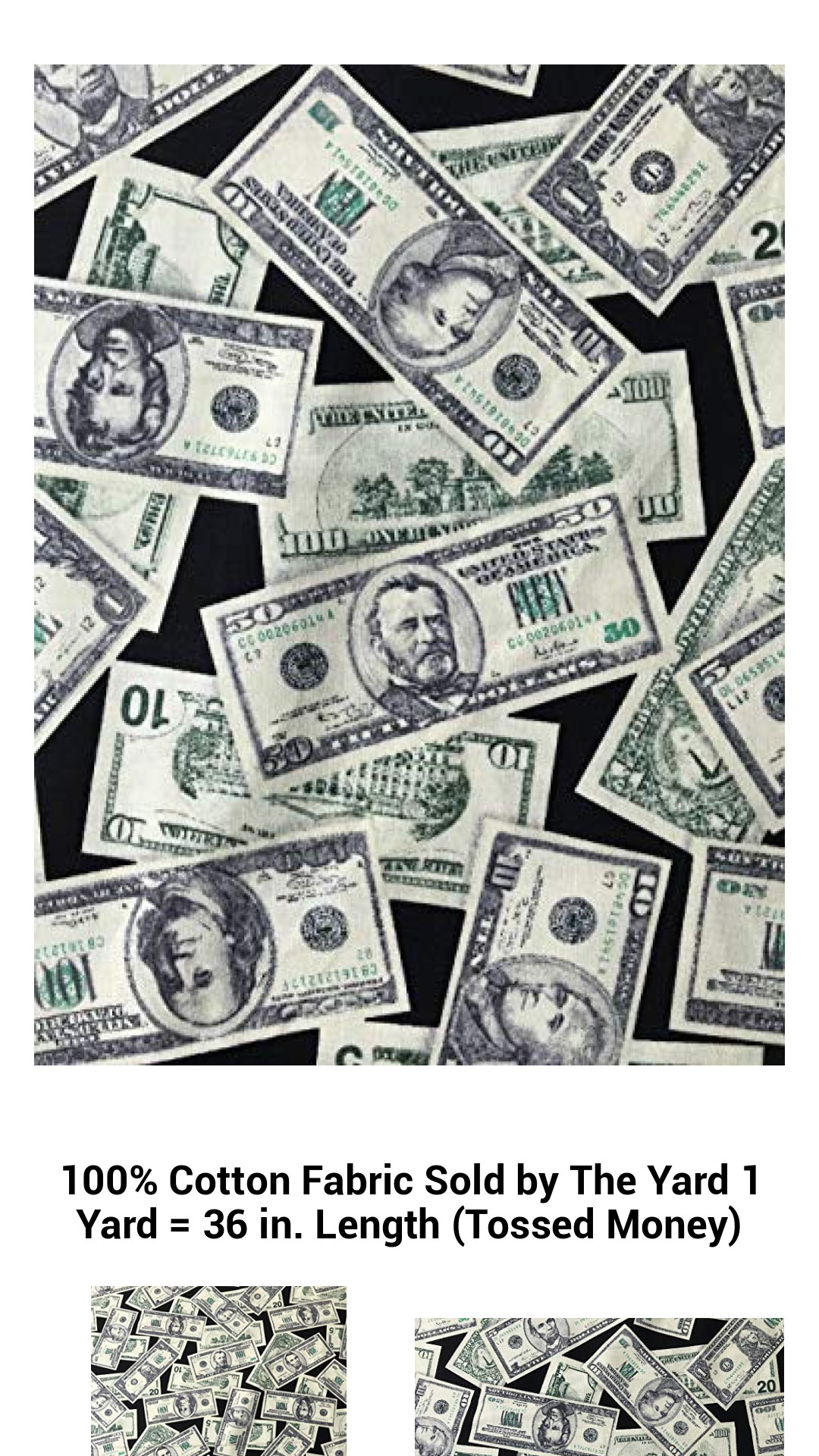 100% Cotton Fabric Sold by The Yard 1 Yard = 36 in. Length (Tossed Money) 100% Cotton Fabric Sold by The Yard 1 Yard = 36 in. Length (Tossed Money)